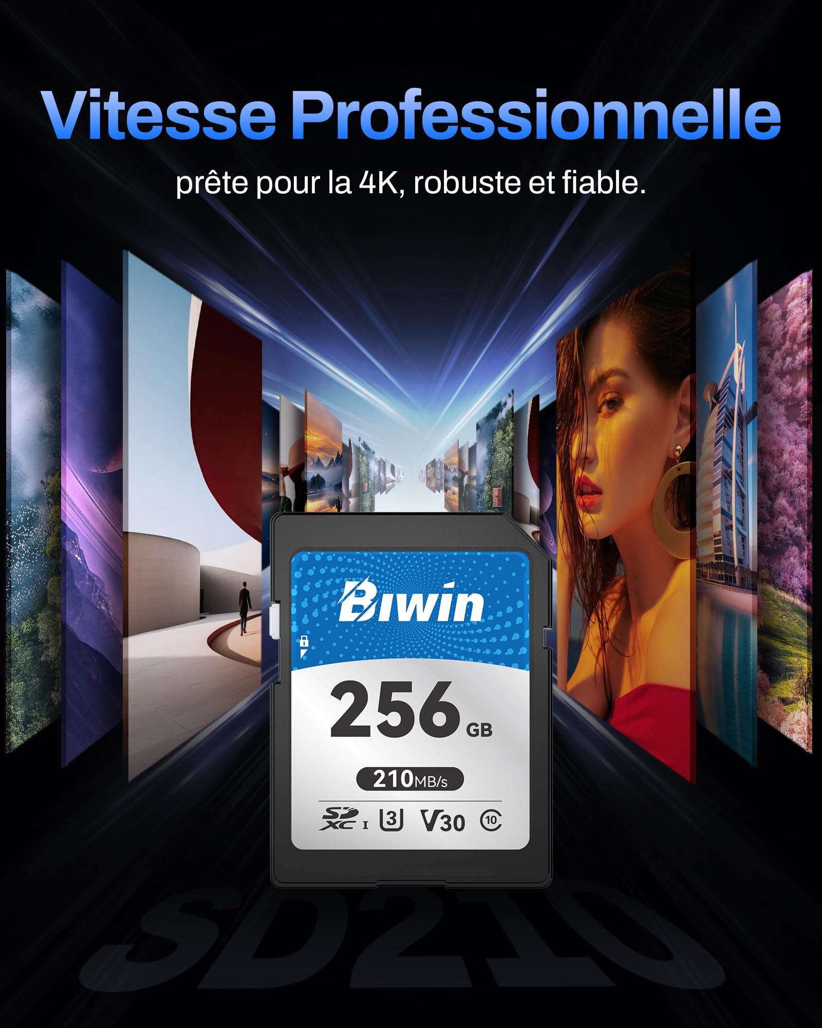 Carte SD Biwin SD210, 256 Go, SDXC V30 UHS-I, Classe 10, jusqu'à 210 Mo/s en Lecture. Robuste, Compatible 4K UHD. Idéale pour créateurs.