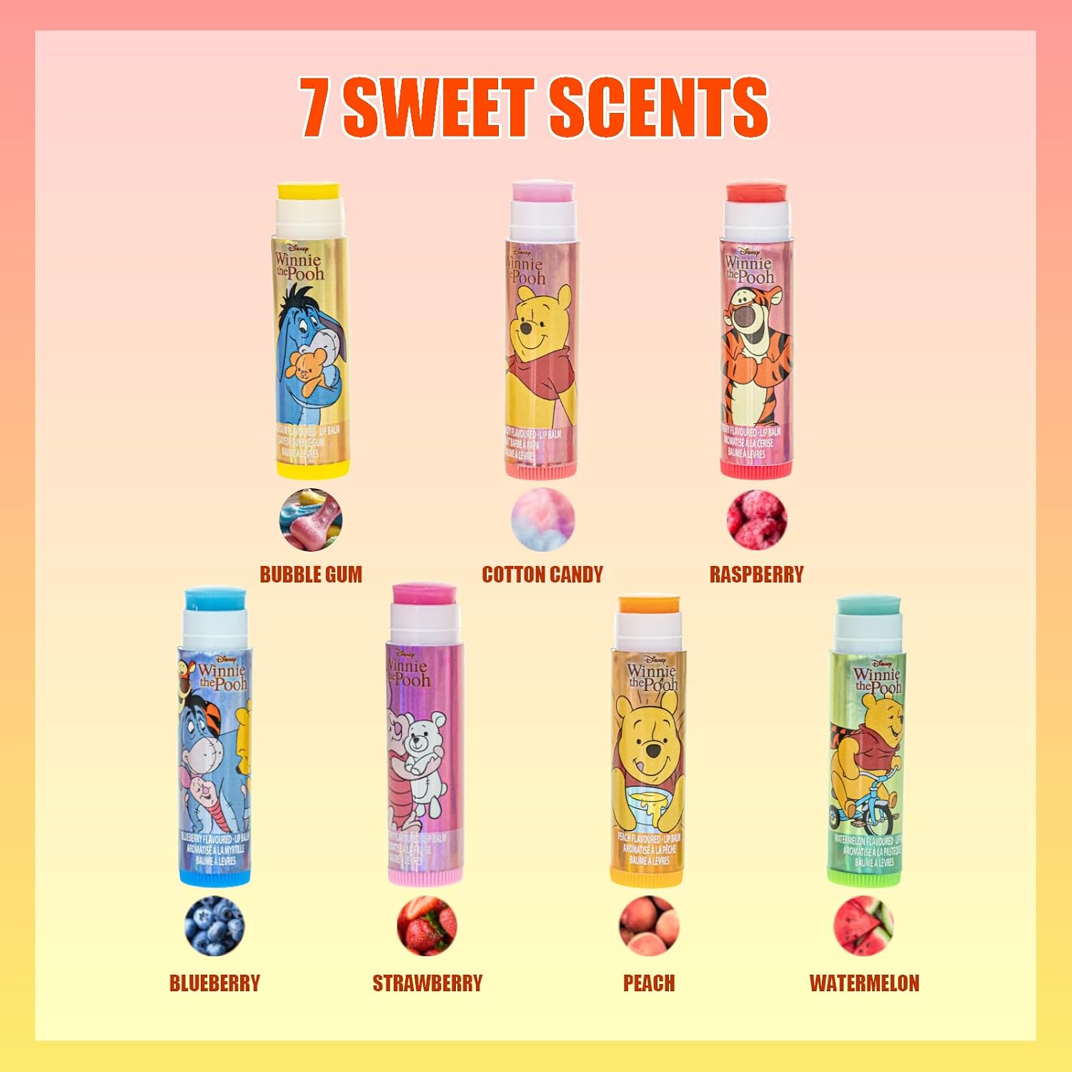 Winnie the Pooh 7 Pack Lip Balm Set with Chapstick Keychain, Plant Based Kids Lip Balm for Party Favors, Sleepovers and Stocking Stuffers, Ages 3+ by Townley Girl