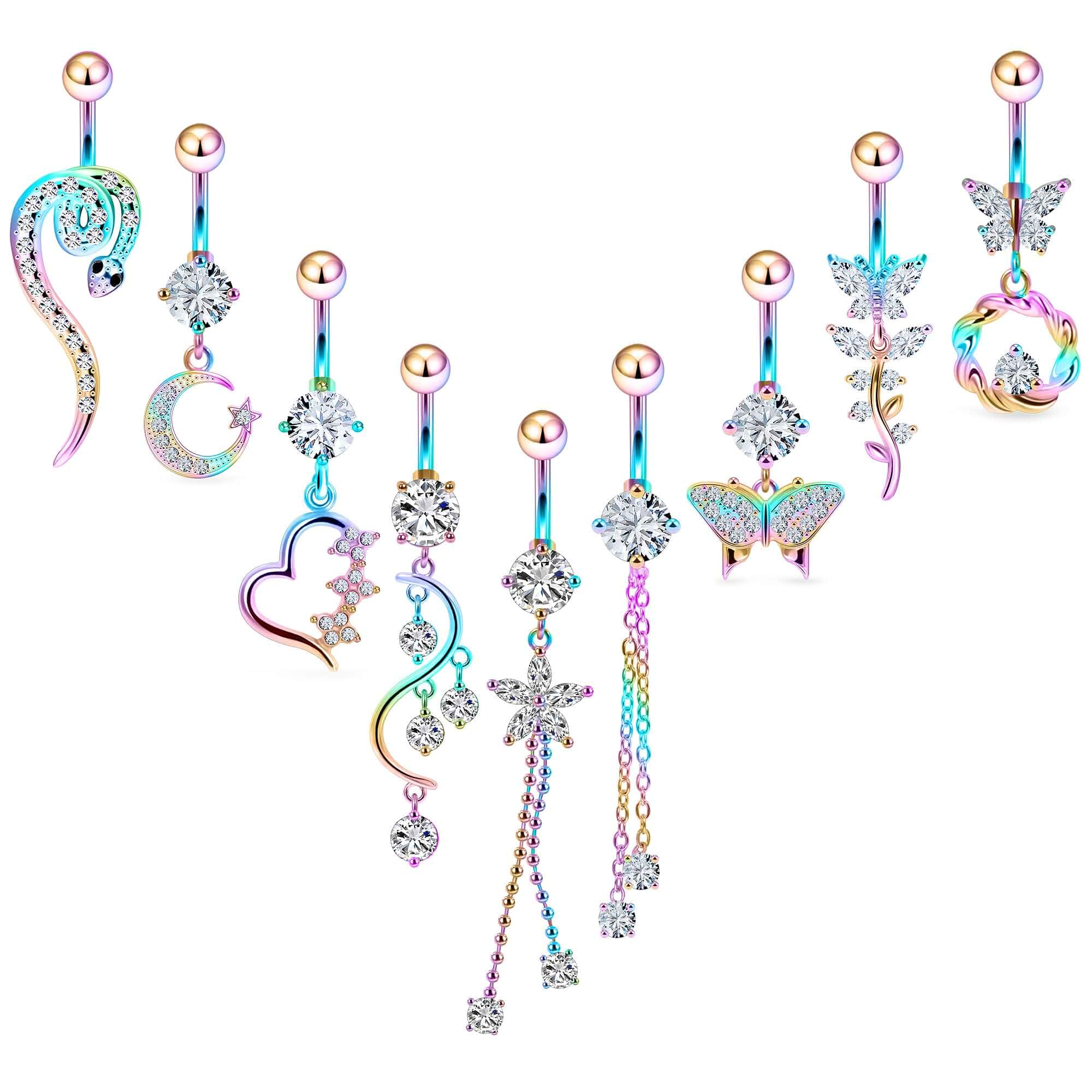 Vsnnsns 14G Dangle Belly Button Ring Piercing Jewelry 316L Stainless Surgical Steel Snake Heart Butterfly Flower Diamond CZ Navel Rings Dangling Belly Button Ring Piercing Jewelry for Women 14 Gauge