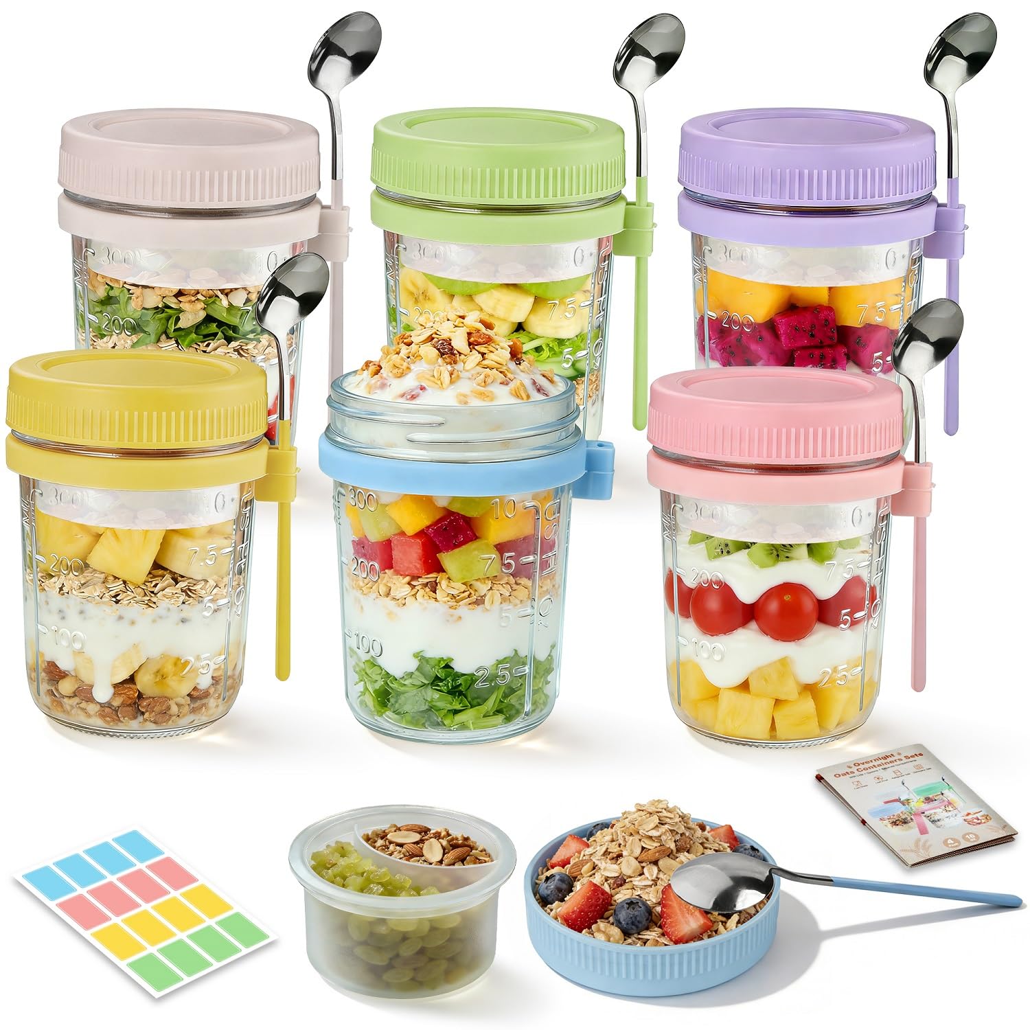 Overnight Oats Containers with Lids and Spoon - 6 Pack 16 oz Glass Mason Jars with Separate Compartments Leakproof Airtight Chia Yogurt Parfait Cups for Cereal Meal Prep Sugar Packet Holders
