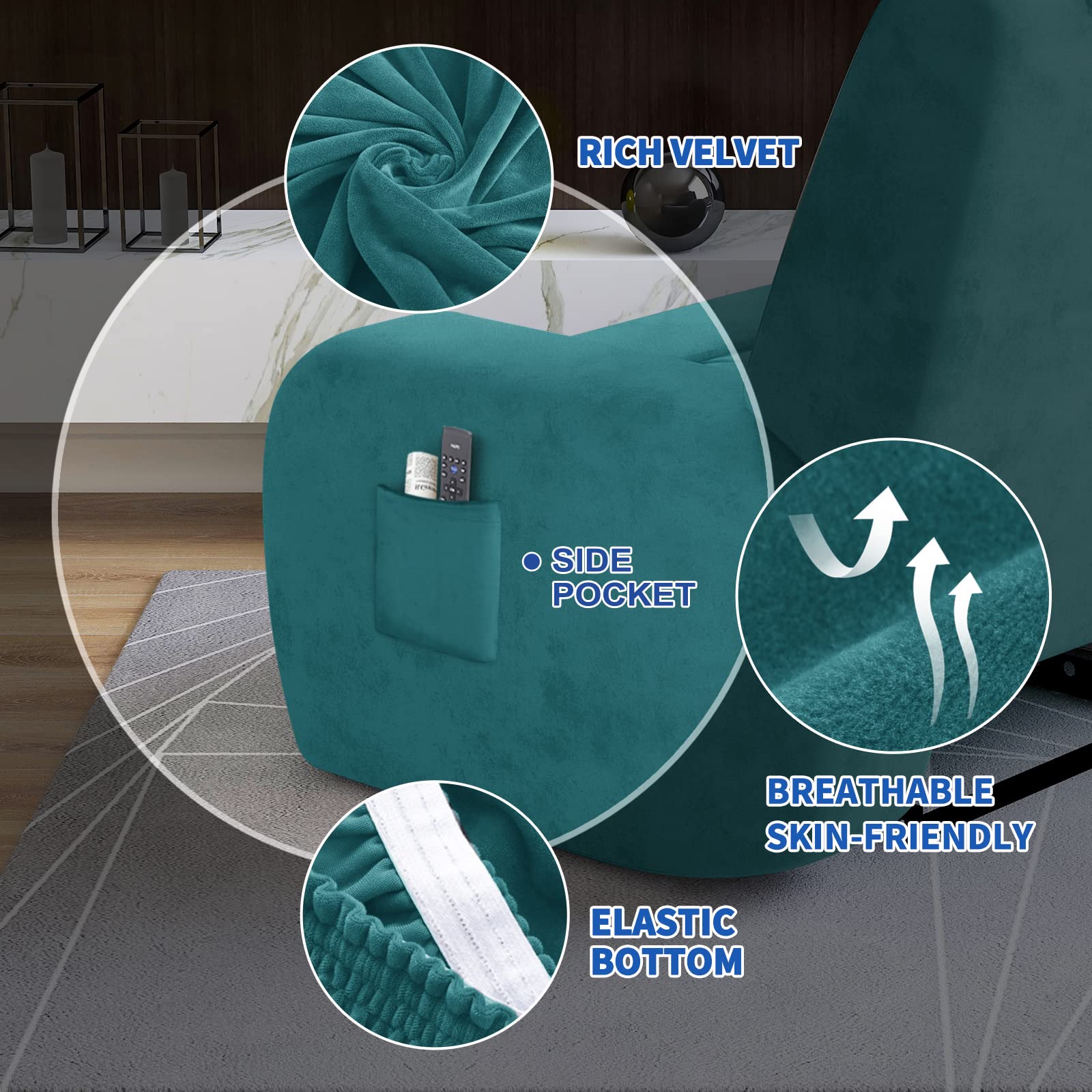 CHELZEN Velvet 4 Piece Recliner Cover Stretch Soft Cover for Recliner Chair Thick Soft Recliner Chair Slipcover (Recliner - Image 3