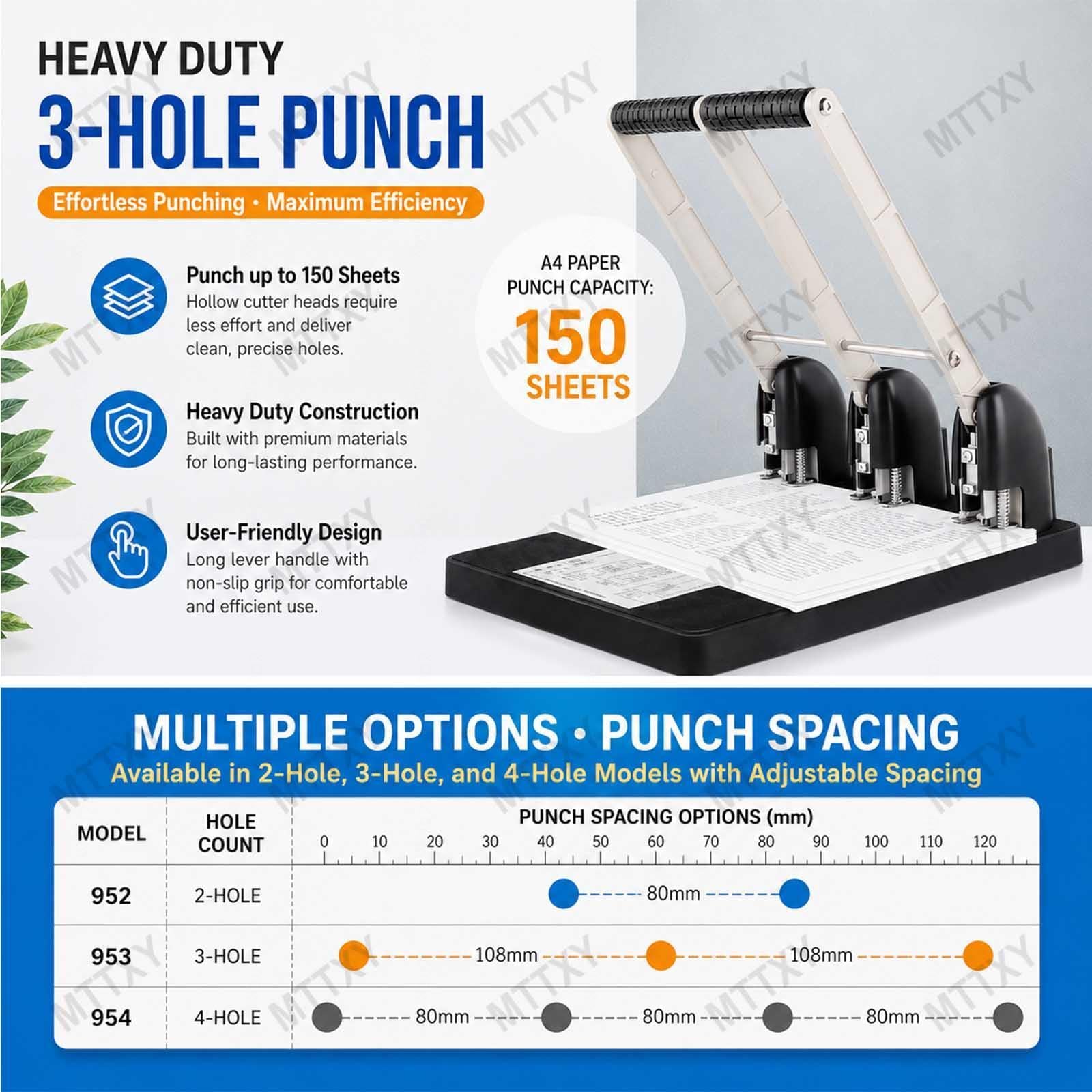 Perforatore Professionale 150 Fogli, Perforatrice 2 Fori 3 Fori 4 Fori in Metallo, Alta Capacità con Punzoni Sostituibili per Ufficio Archivio Documenti,3-Hole