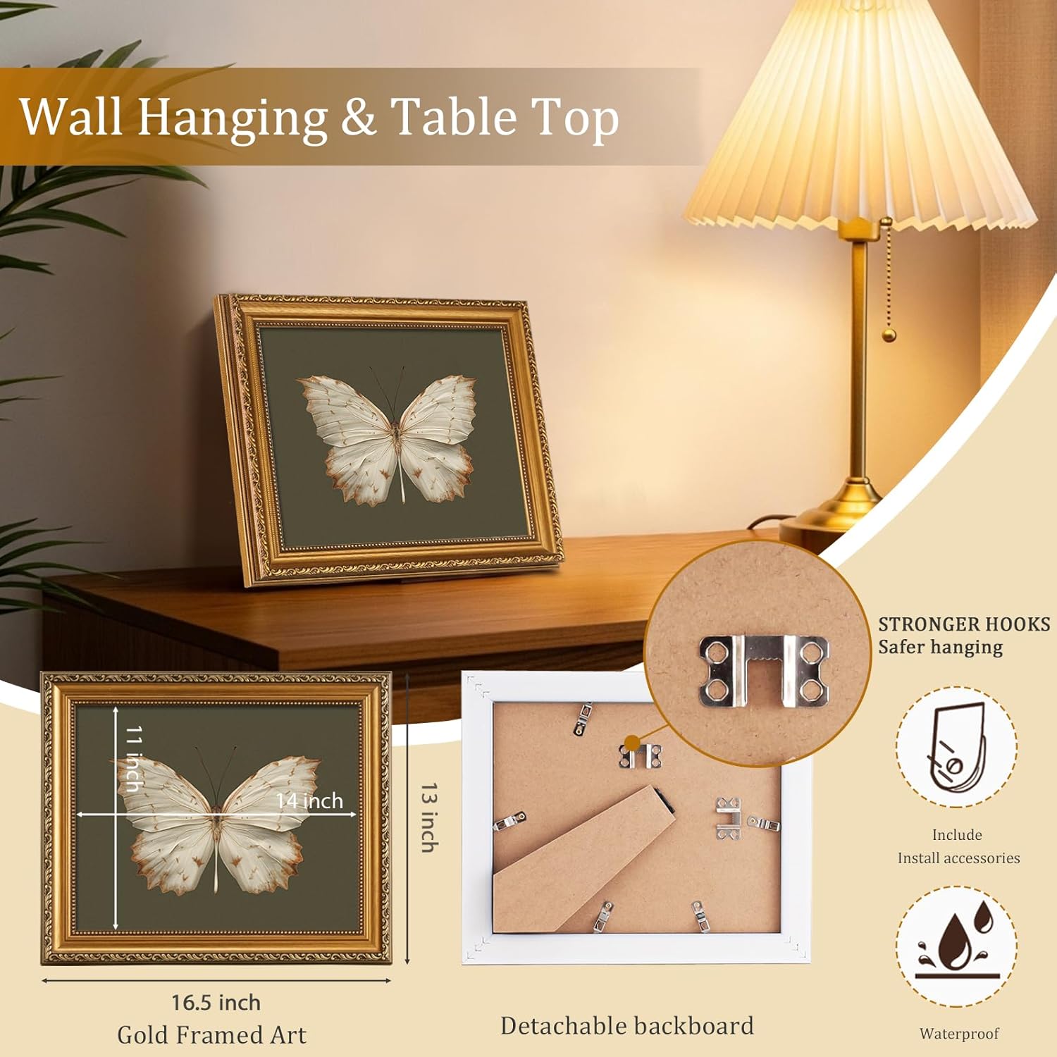 Vodefoad Retro Gold Framed Wall Art Decor Classical Butterfly Canvas Oil Paintings Dark Moody Insect Canvas Prints Artwork with Antique Removable Frame, Farmhouse Style Sage Green Wall Decor for Bedroom, Kitchen, Bathroom Wall Decor, Cottagecore Room Decor - 11x14Inch