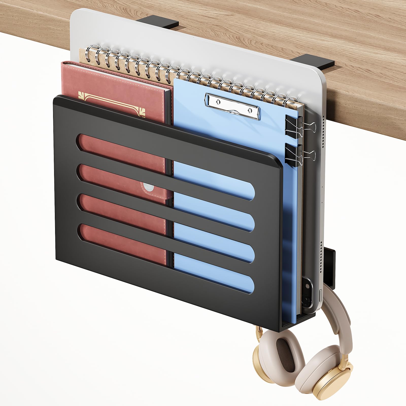 ROLIZOE 3 In 1 Schreibtisch Seitenaufbewahrung Laptop Ständer mit Haken & Kabelhaken Verstellbare Laptop Halterung Unter Schreibtisch Aufbewahrung 