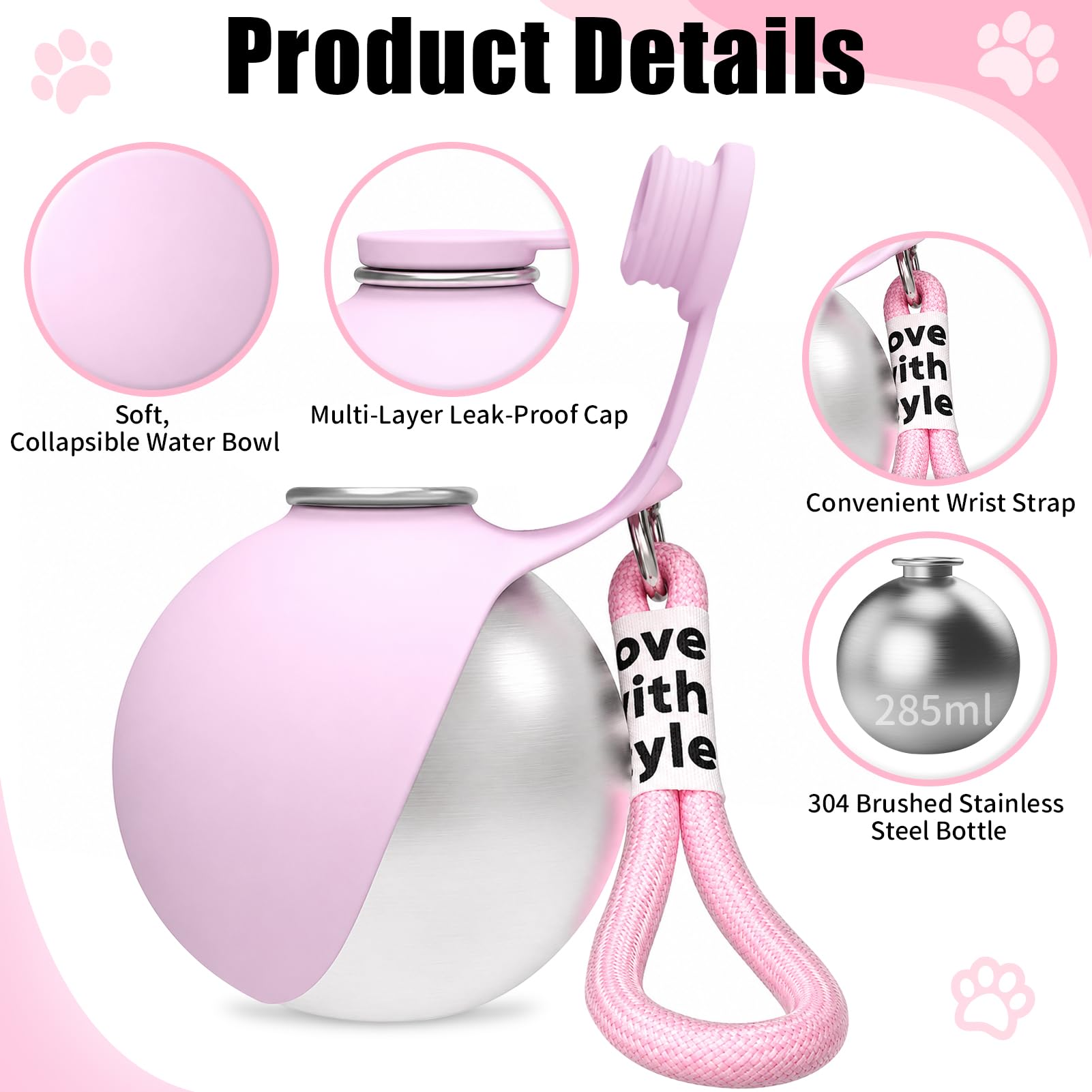 Shinybox Botella Portátil para Perros, 285 ml Botella para Perros para Viajes con Cuenco de Silicona, a Prueba de Fugas, para Perros Pequeños, Gatos, Viajes, Camping, Paseos