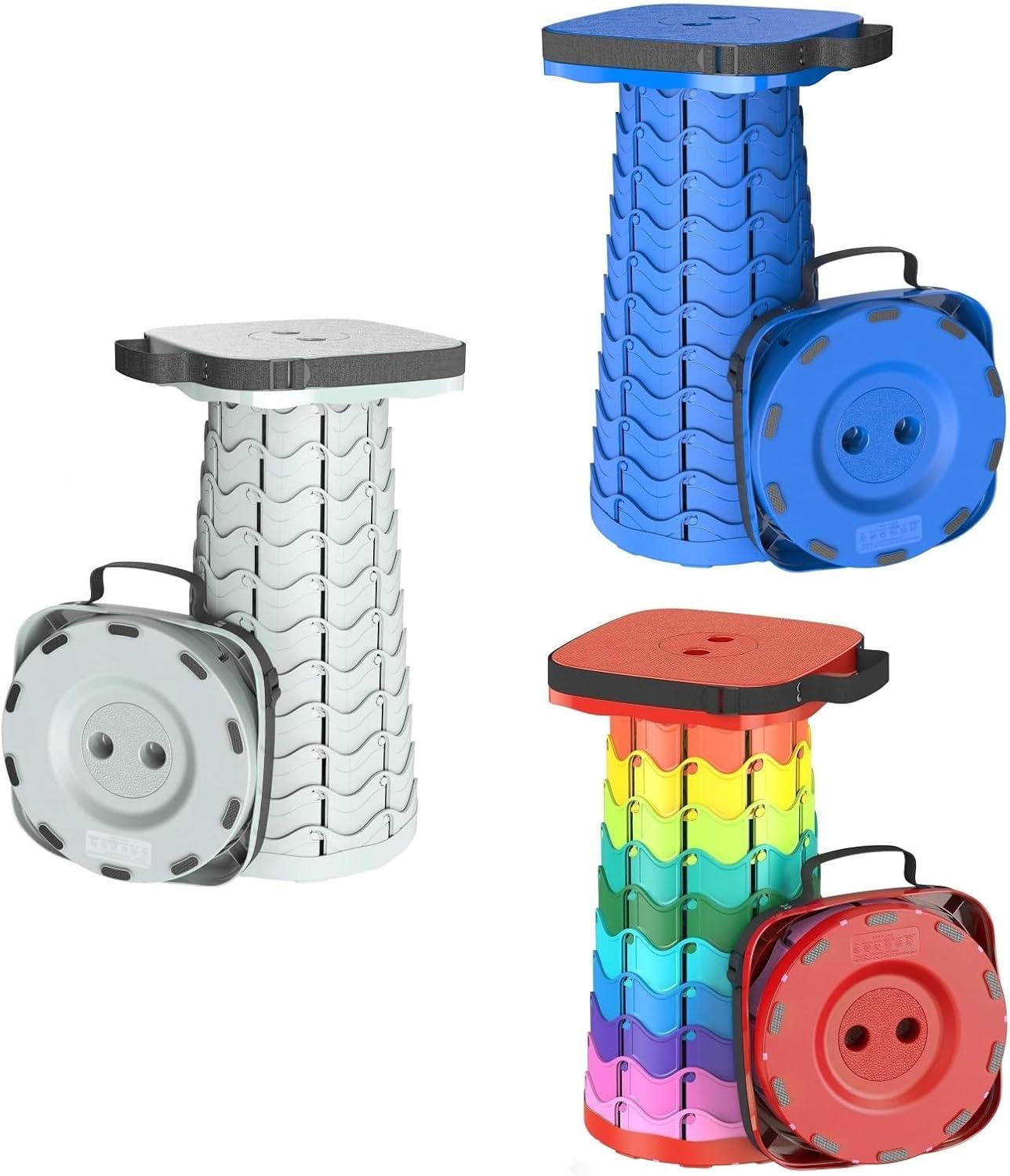 Retractable Stool[Blue] and Collapsible Stool[Rainbow Red] and Camping Seat[Cyan]