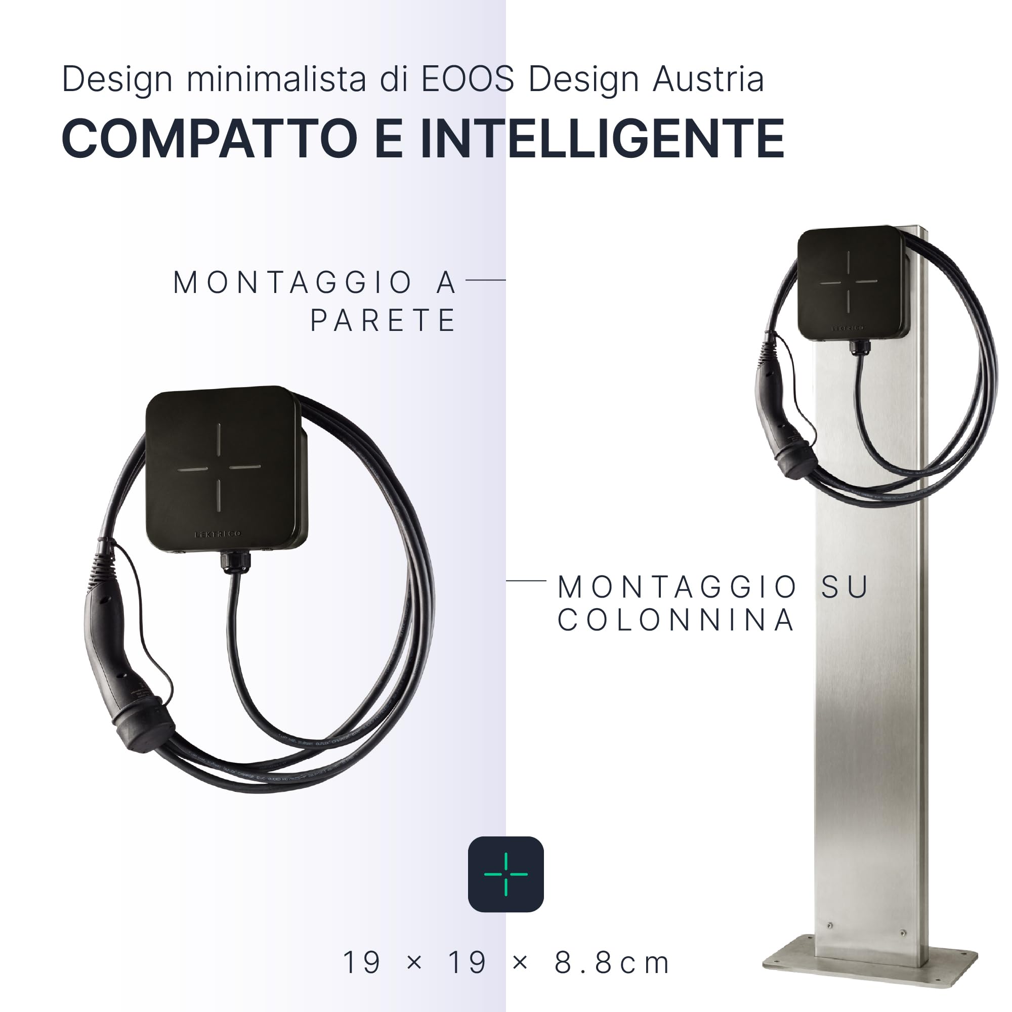 Stazione di ricarica domestica EV smart LEKTRI·CO: Wi-Fi, cavo Tipo 2 5m con shutter, 6A-32A, trifase, 22 kW, App mobile, per interni/esterni, IP54
