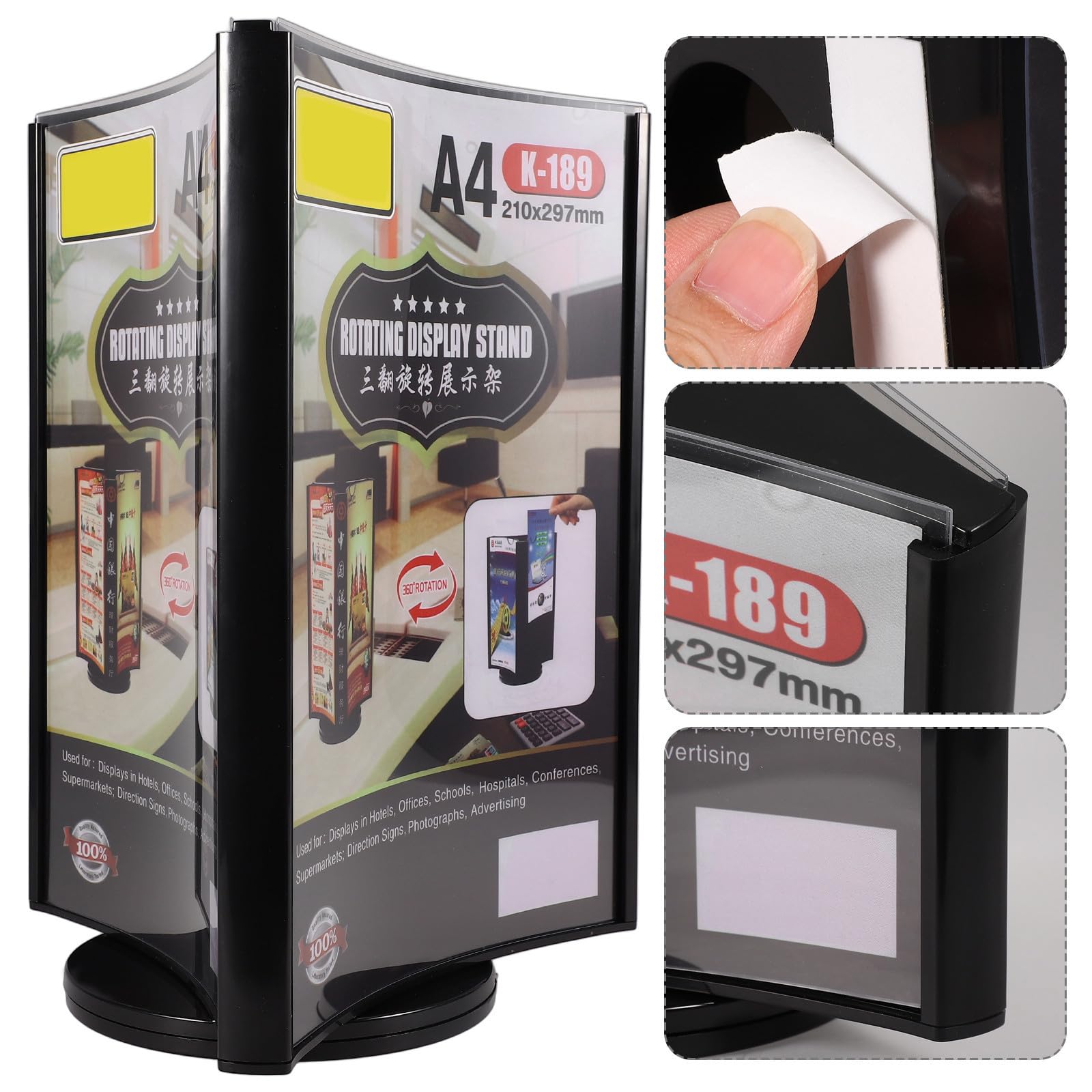 Soporte para Carteles de Mesa Acrílico Transparente con Base Estable Expositor Giratorio de Tres Caras para Menús y Precios para Oficina Restaurante y Tienda