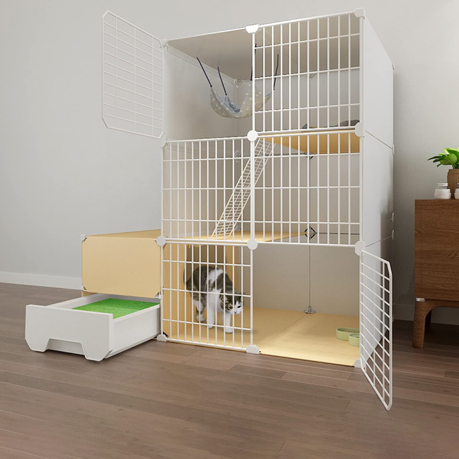 asdchZen Cat Cage With Litter Box,Collapsible Cat Cage,Pet Cages For S,Pet Cages For Small Animals,Portable Metal Wire Yard Fence With Door,White,111 * 95 * 111Cm,White-111 * 49 * 111cm