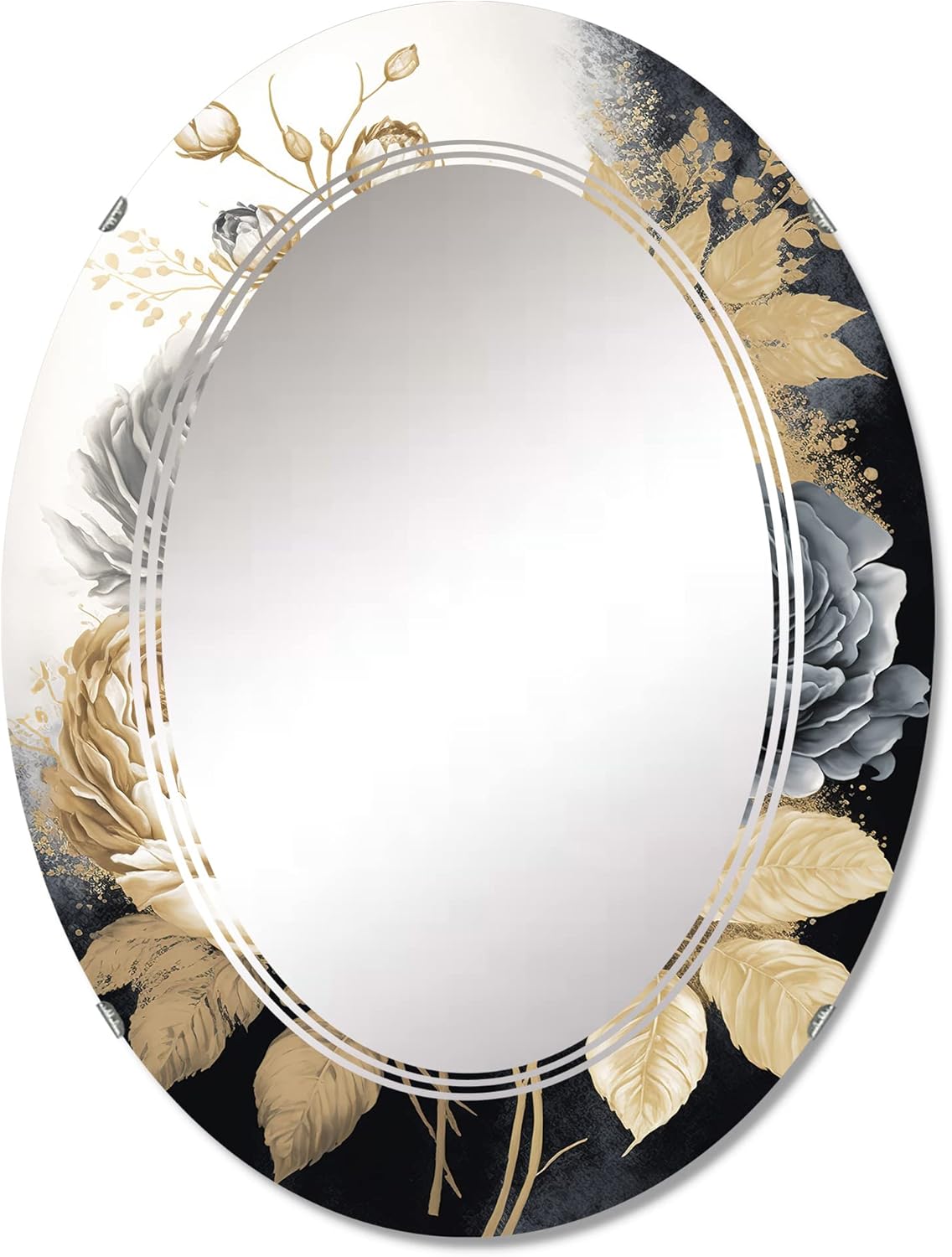 White, Gold and Black Rose Bouquet II- Vanity Mirror, Bathroom Mirrors, Wall Mirrors for Living Room, Bedroom - Oval Mirror - Large 20'x30', 24'x36'