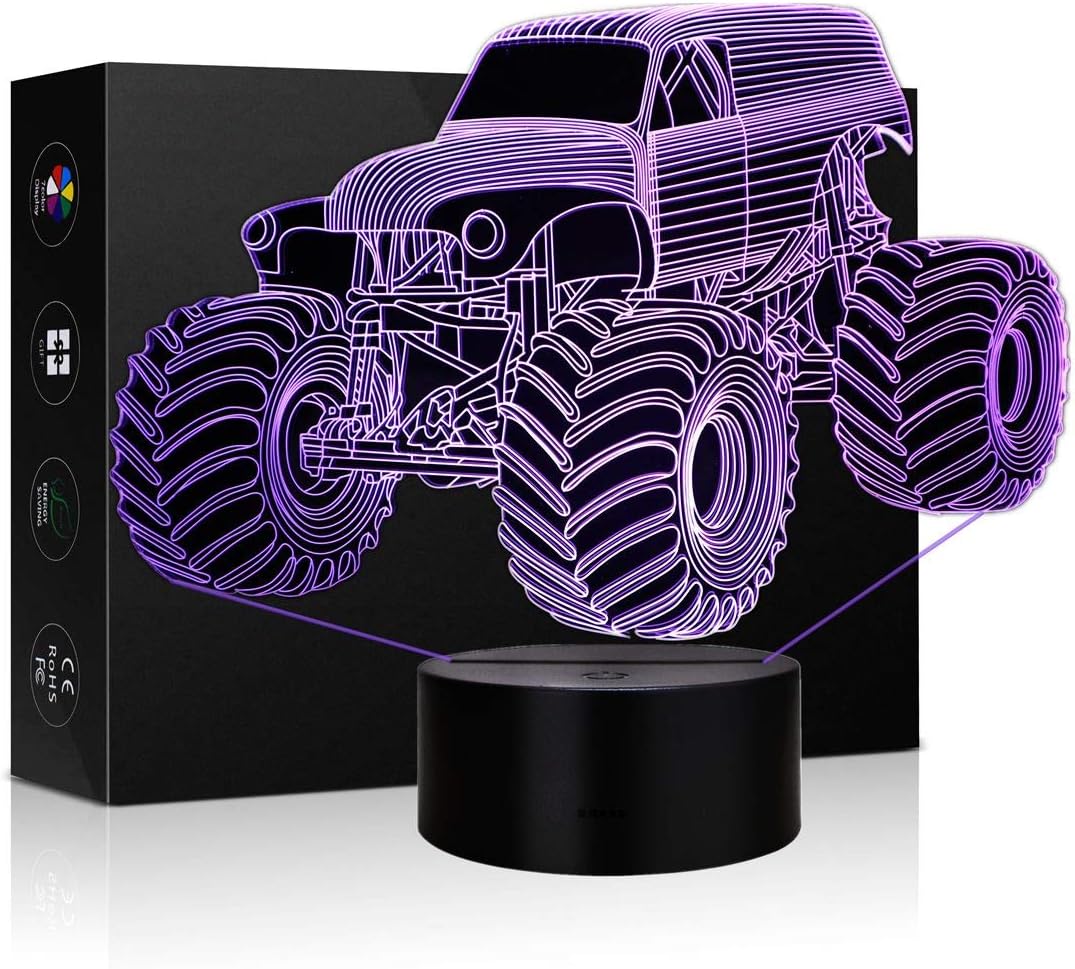 3D Night Light for Kids Monster Truck 7 Colors LED Lamps Touch Switch Table Desk Lamp for Home Office Children Room Theme Decoration and Kiddie Kids Children Family Holiday Gift