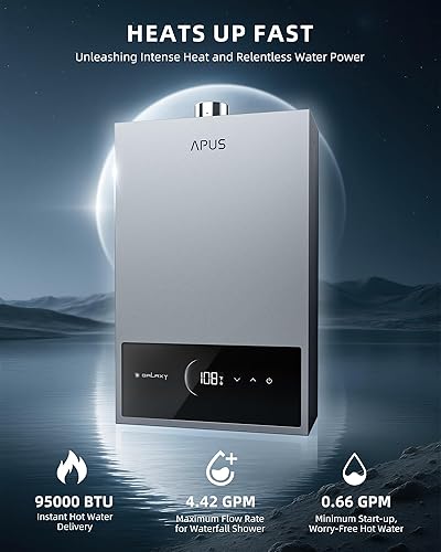 Miniatura 2 de APUS Calentador de agua sin tanque, gas propano, hasta 4.42 GPM, calentador de agua caliente para interiores, 95,000 BTU bajo demanda, calentadores