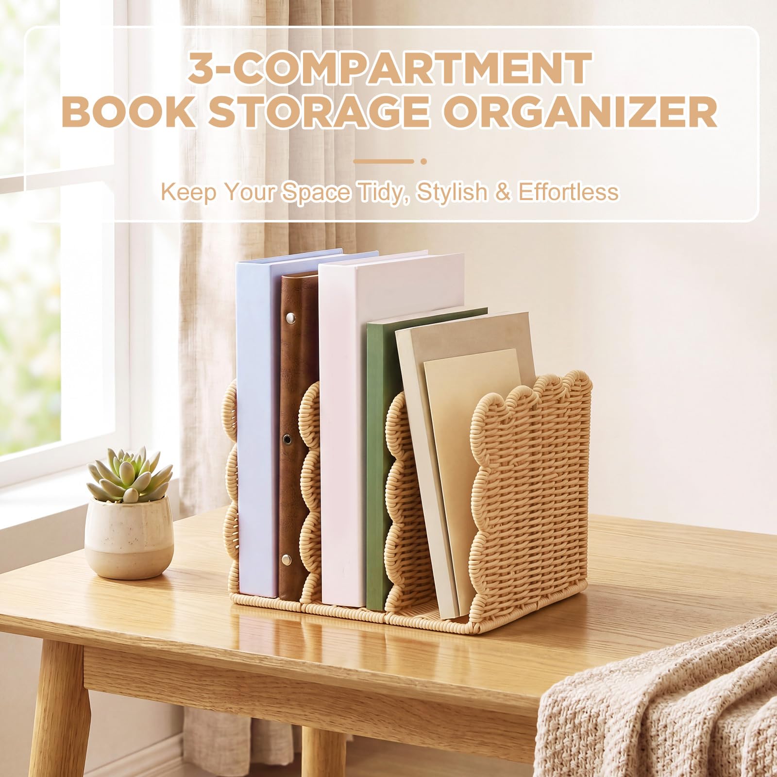 Suzile Zeitschriftensammler mit gewelltem Rattan-Imitat, 3 Fächer, Schreibtisch-Organizer, vertikale Buchstützen-Organisation für Büro, Ordner, Dokumente, Tablets, Zeitschriften, Bücher (21,6 x 18,3 x