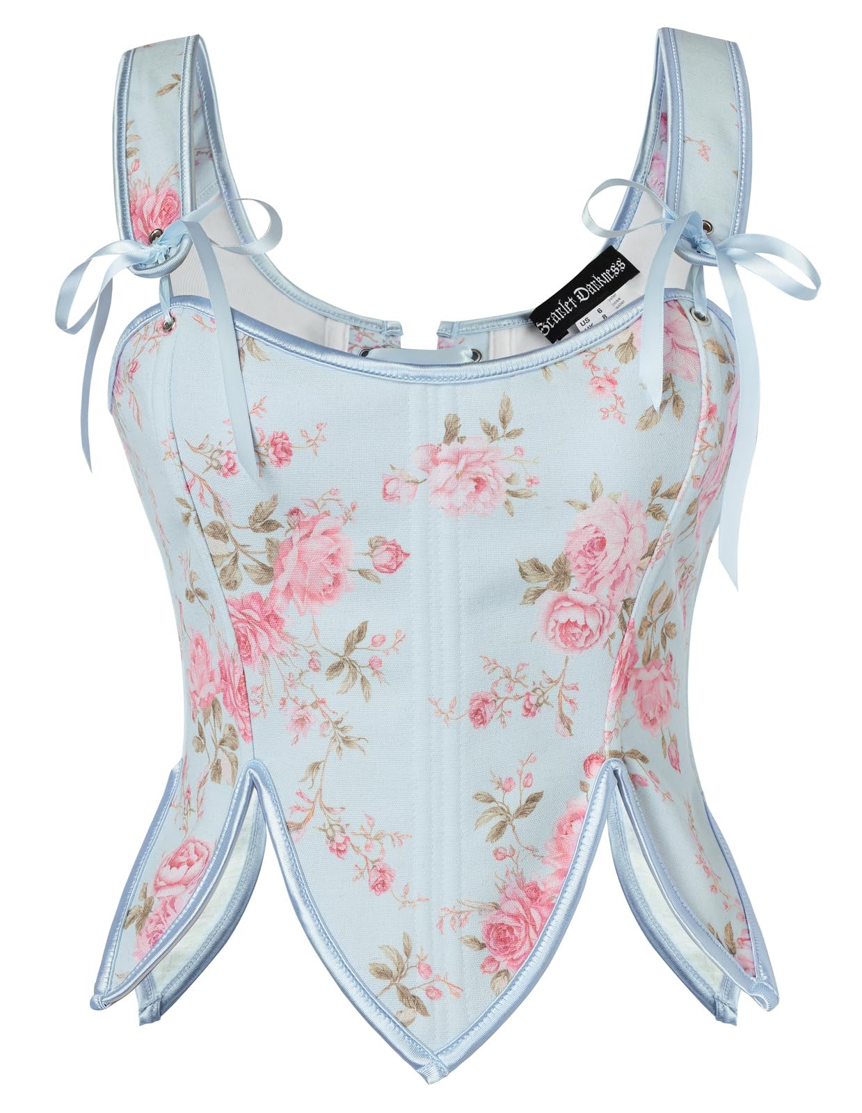 SCARLET DARKNESS Corset Tops for Women Renaissance Costume Floral Lace Up Boned Bustier with Zip, Blue Pink Floral, 10