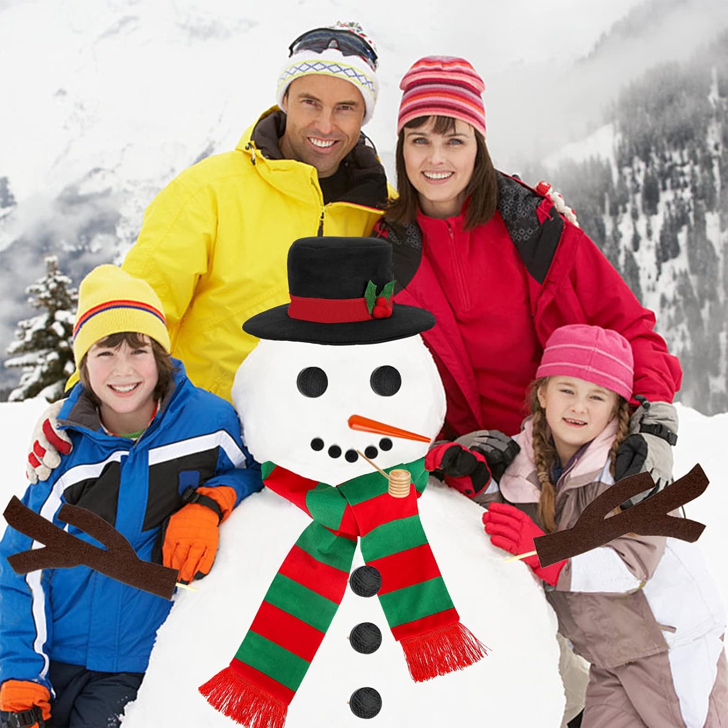 Colovis 16Pcs Build a Snowman Kit, Outdoor Winter Snowman Decorating Supplies Snow Toys for Christmas, Holiday Party Decor (Red & Green Scarf)