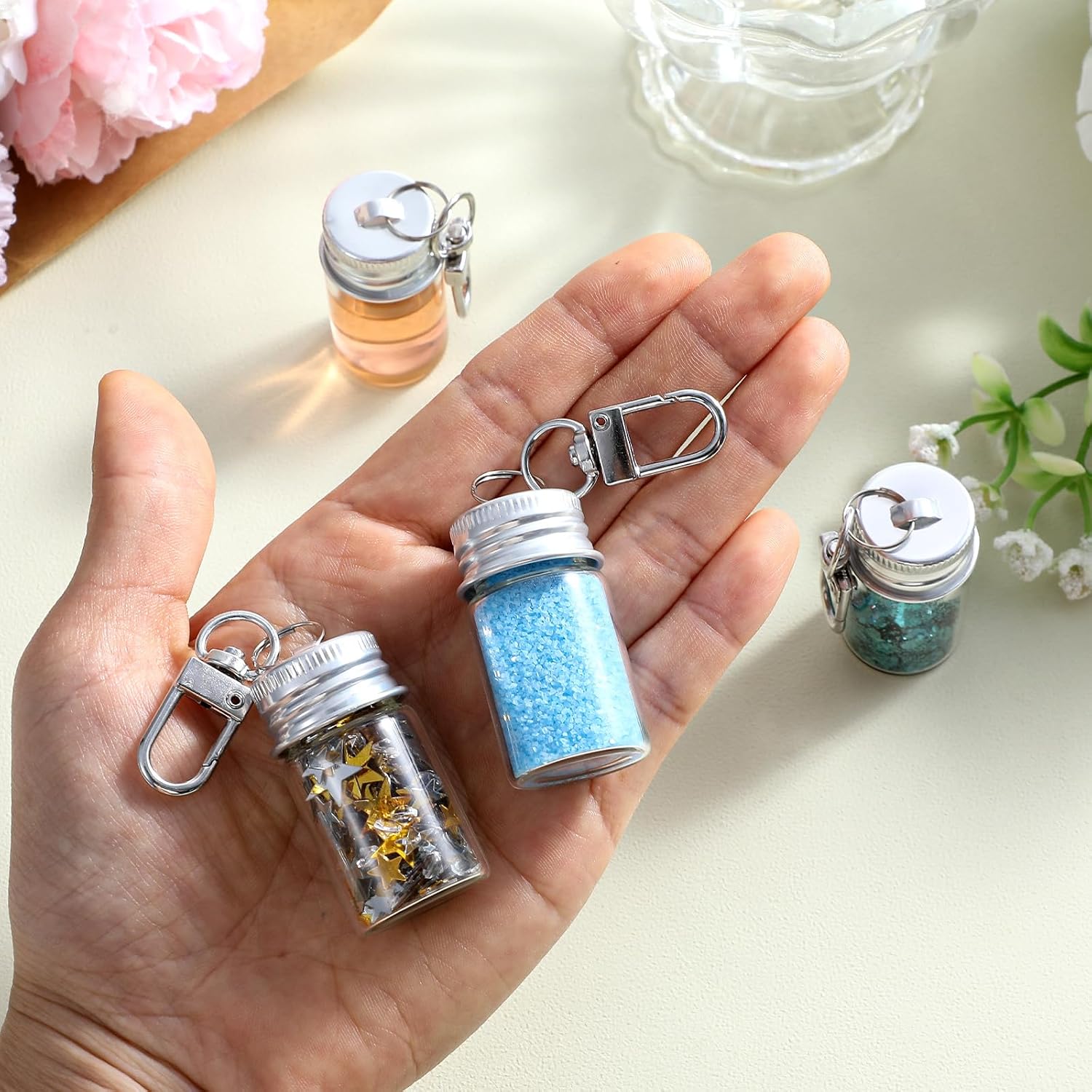 36 Pcs 7ml Small Glass Bottle Keychain Bulk Mini Glass Bottle Keychain with Aluminum Lid Message Potion Bottles for DIY Wedding Favors Home Crafts Travel Gifts