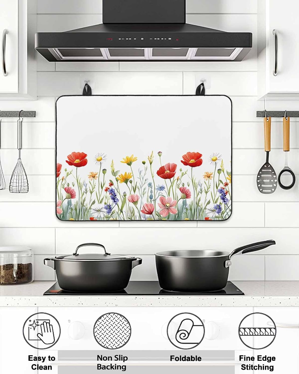 Stove Cover for Electric Stove 31x24 Inch Spring Watercolor Flower Stove Top Cover Wildflower Leaf Glass Cooktop Covers Anti-Slip & Heat Resistant Countertop Protector Home Kitchen Decor