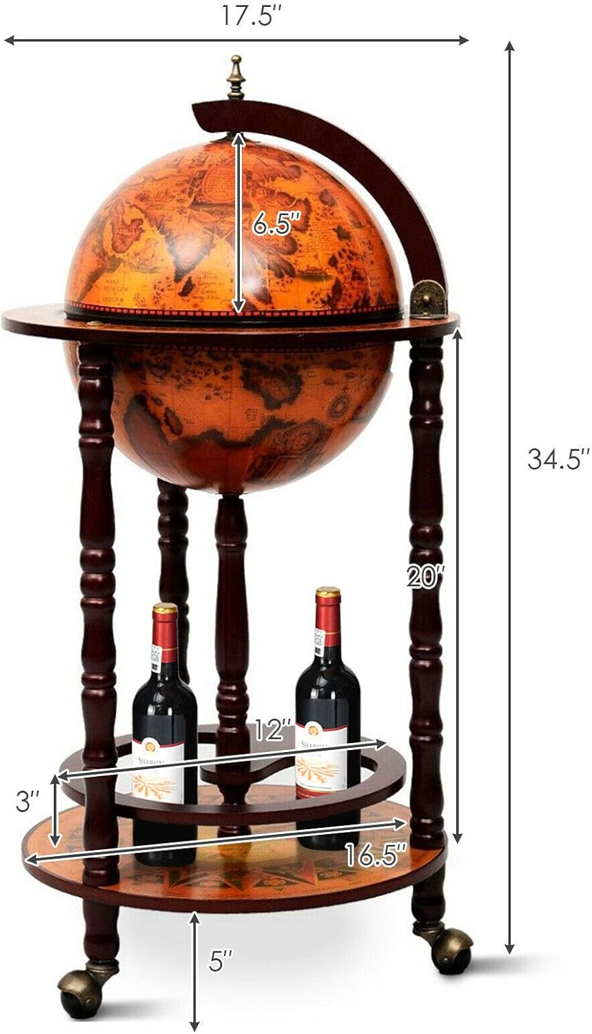 HAPPYGRILL Globe Bar, 17.5” Wine Bar Stand Italian Wooden Globe Wine Cart Liquor Bottle Shelf, 16th Century Retro Wine Cupboard with Wheels for Dining Room Living Room, Retro Brown