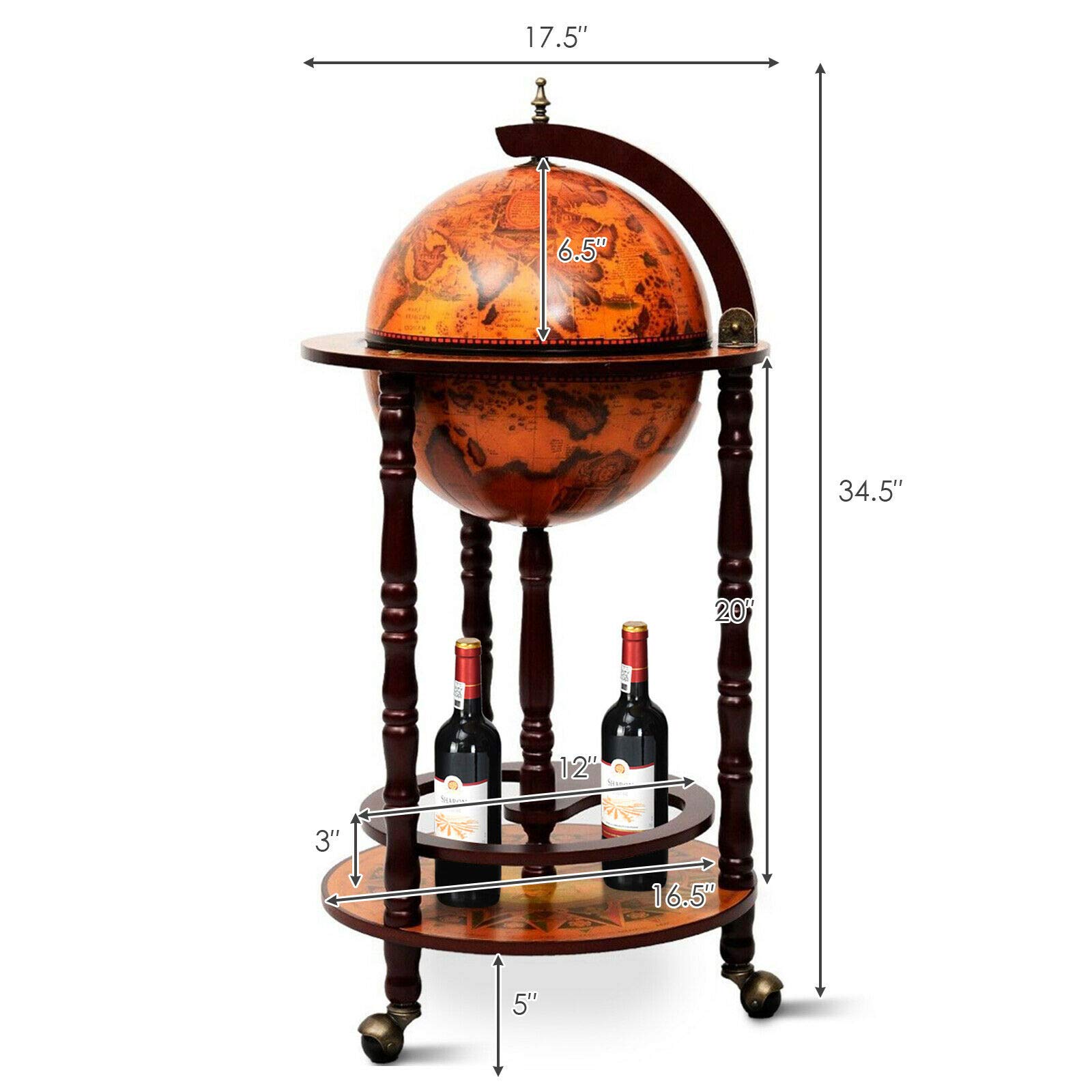 HPPYGRILL Globe Bar, 17.5” Wine Bar Stand Italian Wooden Globe Wine Cart Liquor Bottle Shelf, 16th Century Retro Wine Cupboard with Wheels for Dining Room Living Room, Retro Brown: A