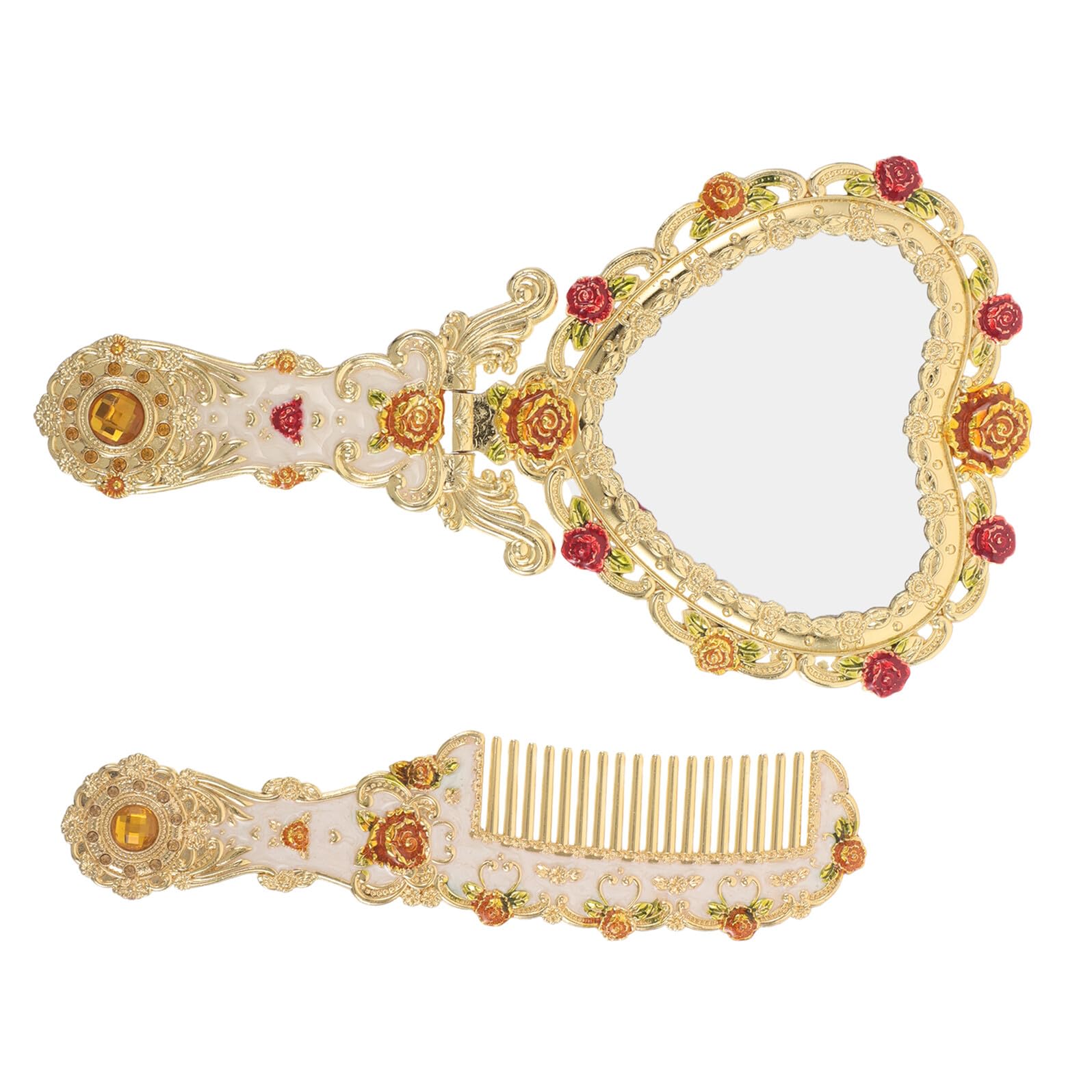 FRCOLOR Set Specchio da Viaggio Pieghevole Vintage Oro con Manico e Pettine Portatile, Specchietto Retrò Compatto per Trucco Personale, Accessorio Salvaspazio per Donne e Viaggi