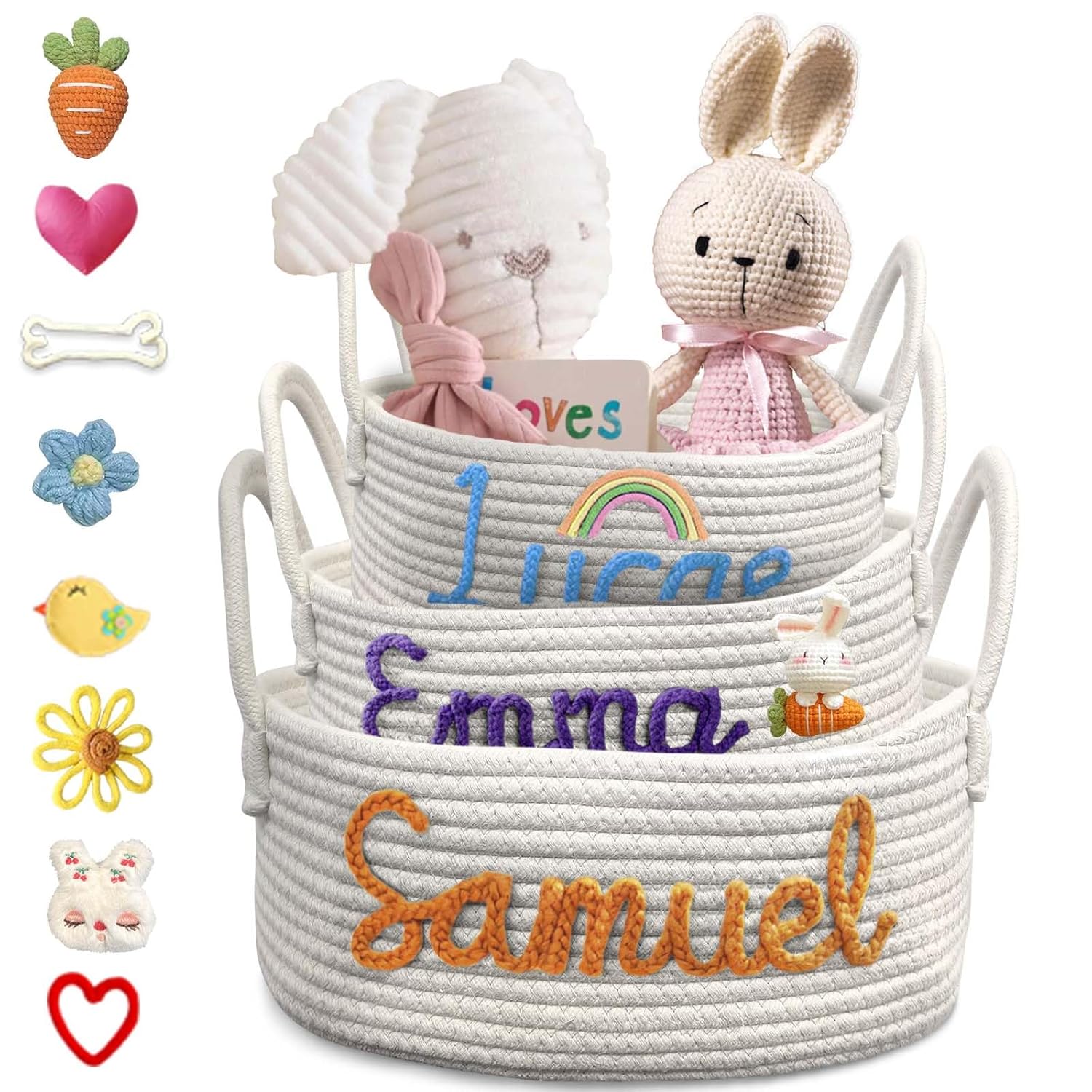 Personalized Baby Basket with Name for Newborn Boy Girl, Custom Cotton Rope Nursery Storage Baskets Gifts - Large