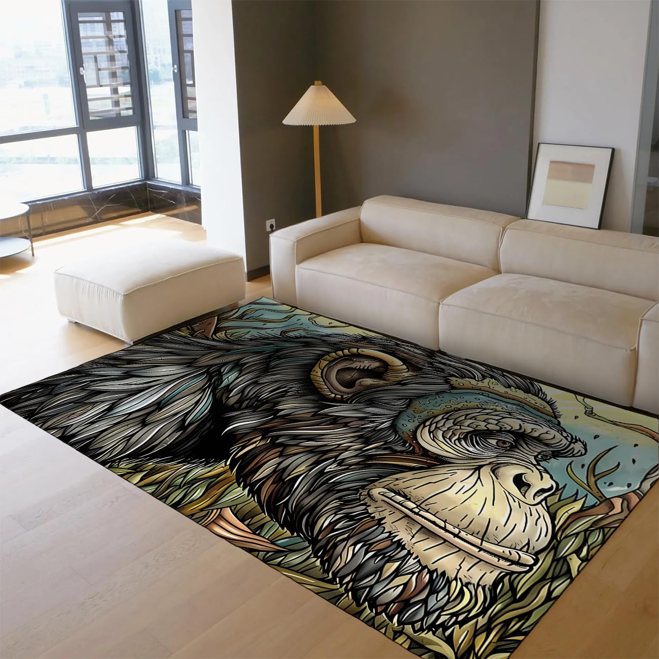 Tapis lavable à poils ras motif gorille sauvage 160x230 cm