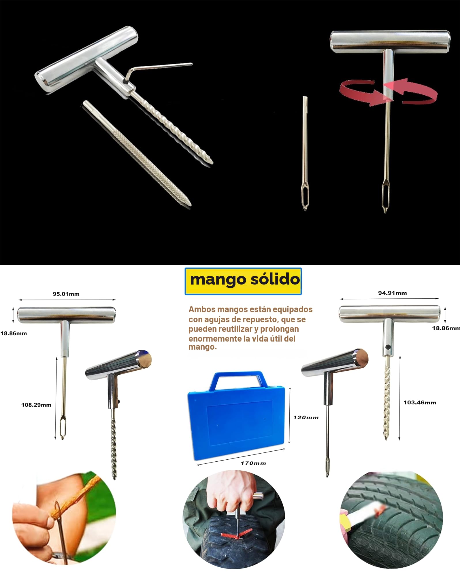 53PCS Kit Repara Pinchazos Herramienta, kit de Reparación para Neumáticos Pesados, kit de emergencia portátil de reparación rápida de neumáticos para coches, todoterrenos, moto y más