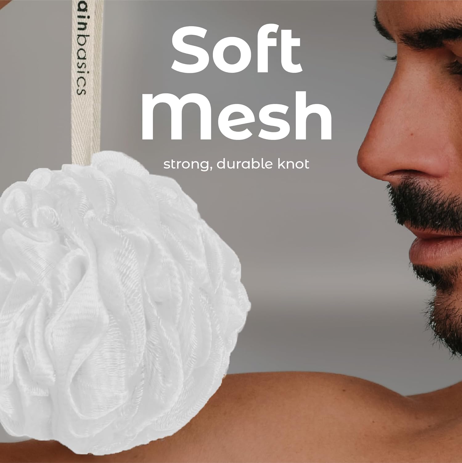 MainBasics Bath Shower Loofah Sponge Pouf Body Scrubber Exfoliator Body Wash Sponge (Set of 3, Snow White) - Image 3