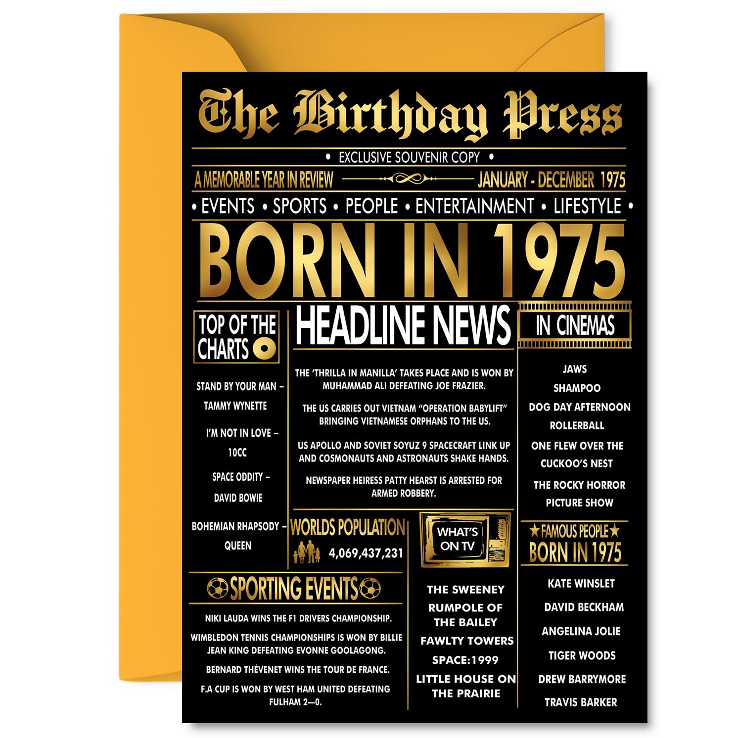 Gold 51st Birthday Card for Men Women - Black & Golden Newspaper Born in 1975 - Happy 51 Birthday Cards for Nanny Grandad Sister Husband Daughter Cousin, 5x7 Inch Bday Greeting Cards
