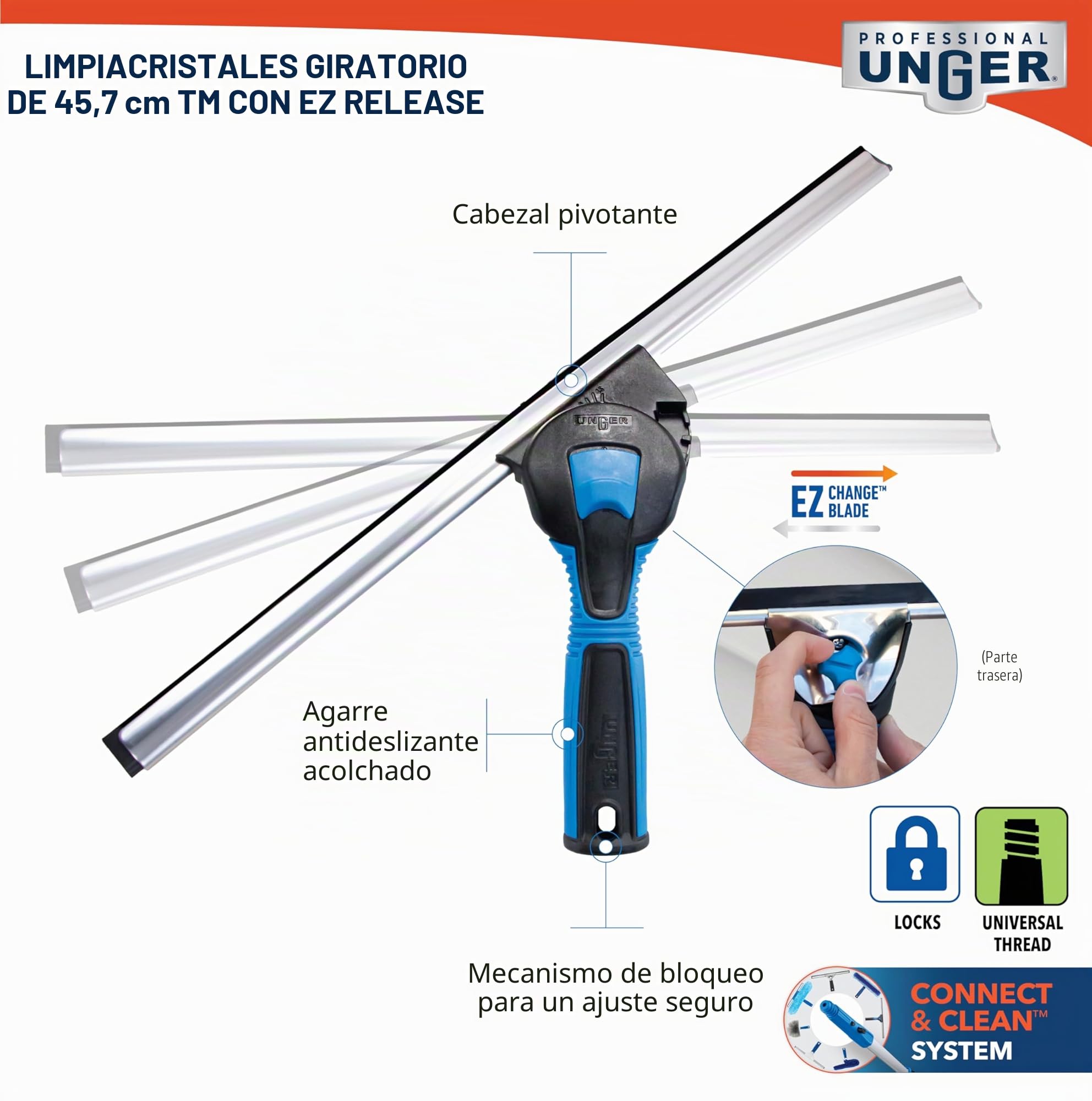 Unger Professional 18” Swivel Window & Glass Cleaning Squeegee with EZ Change - Cleaning Supplies, Squeegee for Window Cleaning, Streak Free Results, Clean Large Windows, Easy Rubber Replacement