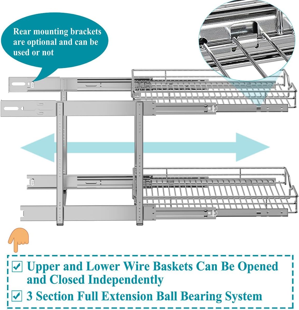 OCG 2 Tier Pull Out Cabinet Organizer (22.5" W x 21.5" D), Pull Out Drawers for Kitchen Cabinets, Pull Out Shelves for Base Cabinet Organization in Kitchen Bathroom Pantry, Chrome Finish - Image 4