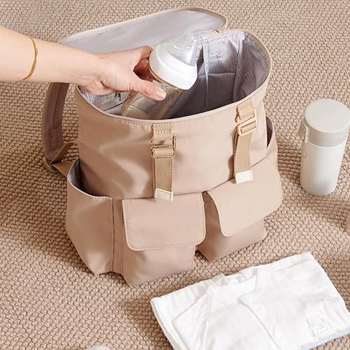 Miniatura 2 de SUNVENO Mochila de gran capacidad para pañales con bolsillos para botellas, cambiador, clips para cochecito y correas cómodas, Marrón, Mochilas de