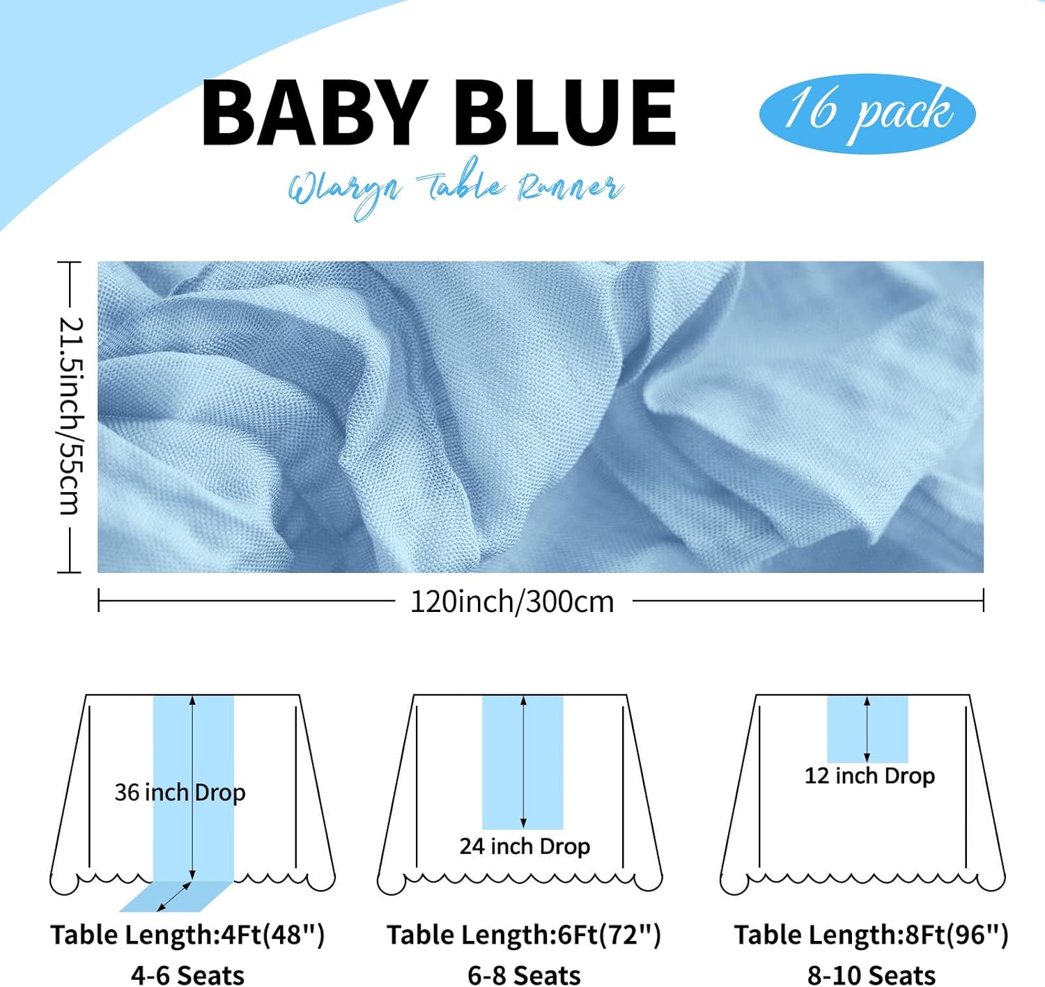 Cheesecloth Table Runner 21.5 x 120 Inches Boho Gauze Table Runners 10FT Long Cheese Cloth Table Runner for Bridal Shower Baby Shower Birthday Party Wedding Decor（16 Pack，Baby Blue）