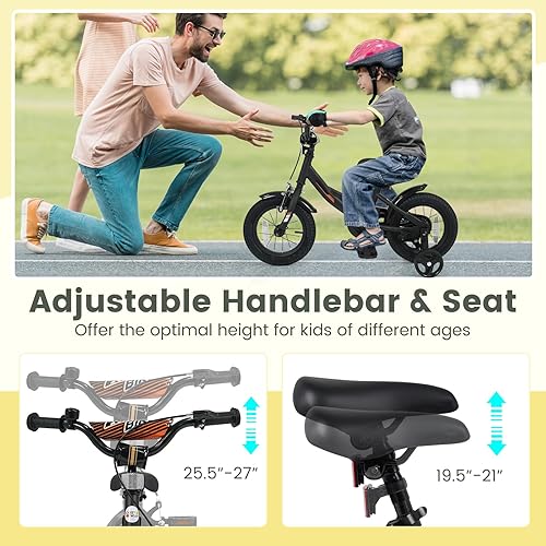 Miniatura 3 de BABY JOY Bicicleta para niños, bicicleta deportiva de 12 a 18 pulgadas con ruedas de entrenamiento extraíbles, asiento y manubrio ajustables, freno