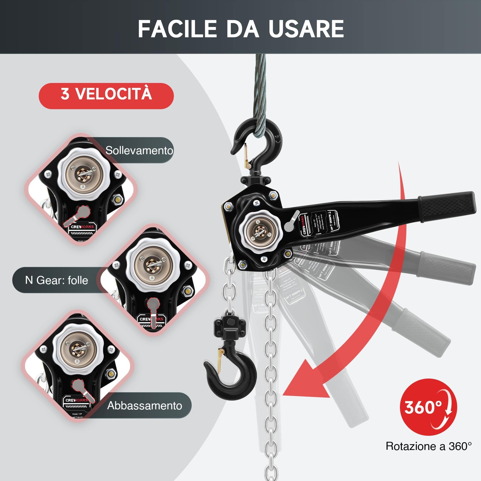 CREWORKS Paranco a Catena Manuale Altezza di Sollevamento 3 Metri Capacità Carico Max 1,5 Tonnellate con Catena Zincata G80 e Ganci Girevoli a 360° per Magazzini Edili Fabbriche