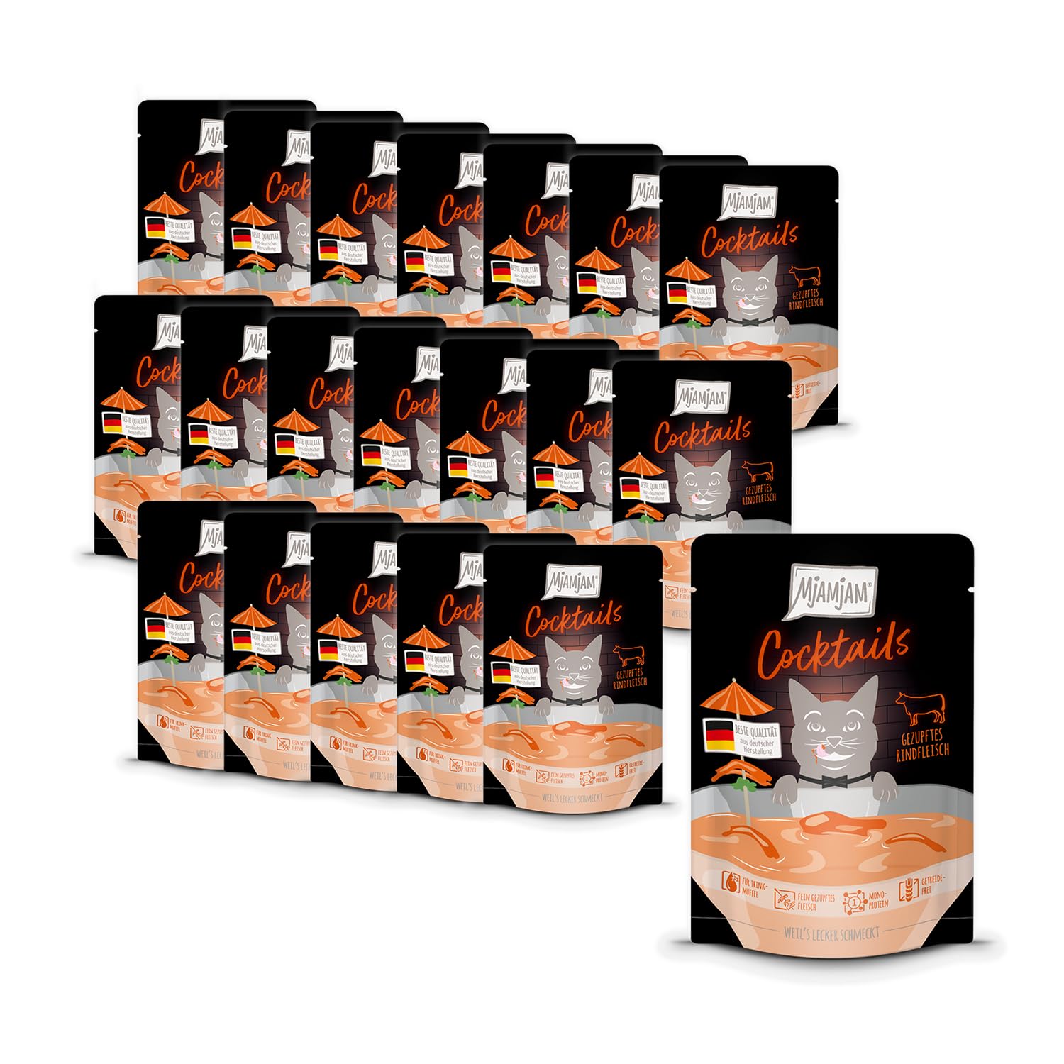 MjAMjAM - Leckerer Drink für Katzen - Cocktails - Gezupftes Rindfleisch, 20er Pack (20x40), getreidefrei