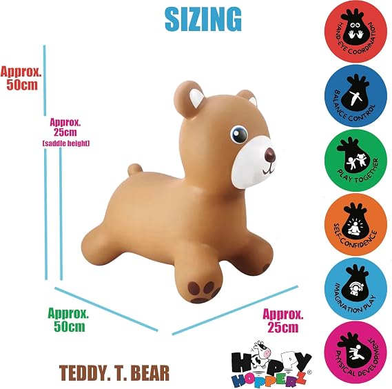 Happy Hopperz Teddy Bear Inflatable Bouncy Animal with Grippable Ears/Horns, Easy to Clean Space Hopper for Indoor and Outdoor Play, Bouncing Toy, Pump Included, 12 Months-5 Years