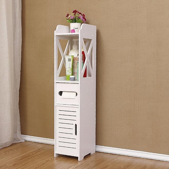 [Updated Version] Large Bathroom Storage Accessories Floor Standing Waterproof Cabinet Bathroom White Robust Furniture Toilet Slim Shelf Organizer Tall Cupboard-80x21.5x22cm Stand Phone for Gift