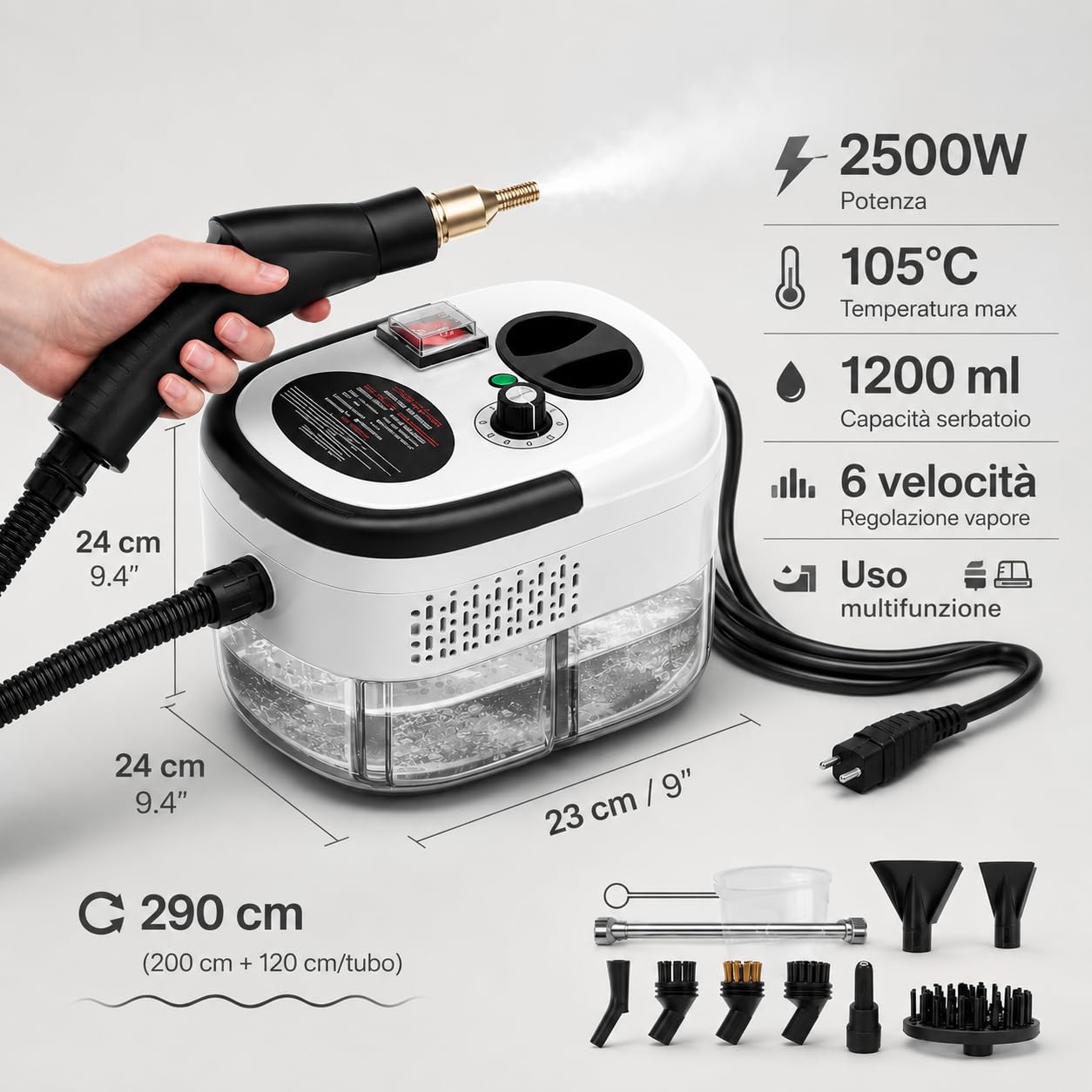 Pulitore a Vapore Portatile 2500W ad Alta Pressione – 6 Velocità Regolabili, Serbatoio 1200 ml, 3 Testine Incluse – Ideale per Casa, Cucina, Bagno, Finestre e Auto