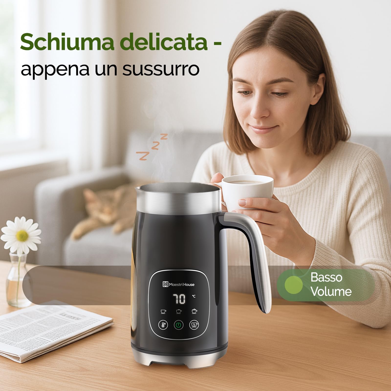 Maestri House Montalatte elettrico 4 in 1, 400 ml, controllo smart touch, funzione di memoria per latte, cappuccino, latte caldo, cioccolata calda, DualFro 400