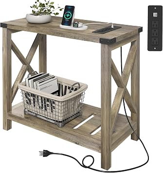 Hadulcet Farmhouse Side Table with Charging Station - Narrow Bedside Table for Small Space, Slim End Table, Rustic X-Design Nightstand for Living Room, Bedroom, Elegant Gray