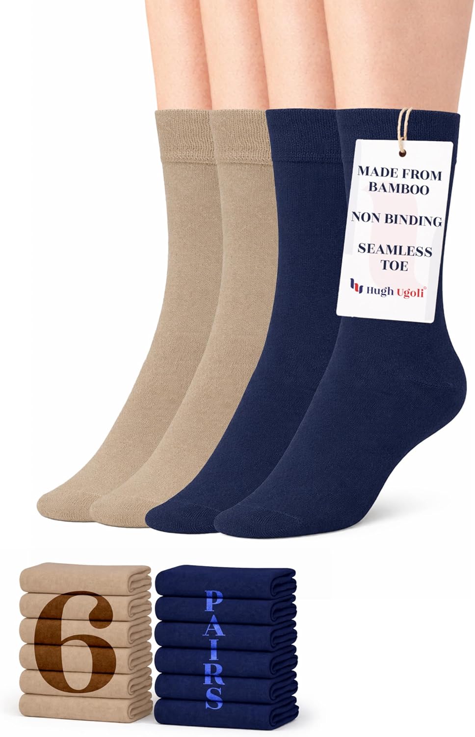 Hugh Ugoli Womens Crew Rayon Derived from Bamboo Dress Socks, Thin, Soft, Business Trouser Casual, Non-Binding, 3-6 Pairs