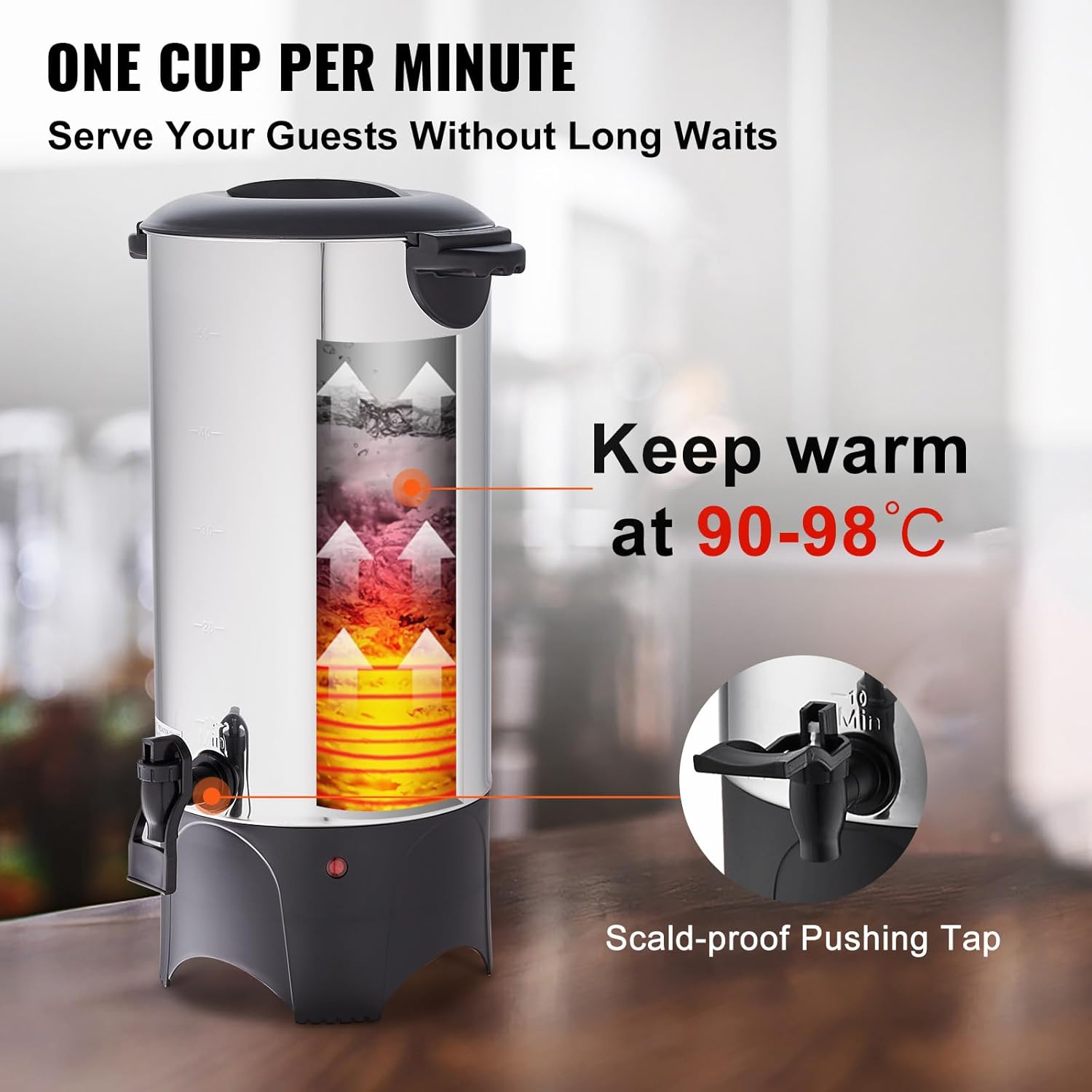 Happybuy 50-Cup Commercial Coffee Urn, Stainless Steel Dispenser, 1000W Electric Maker for Quick Brewing, Detachable Power Cord for Easy Cleaning, Silver