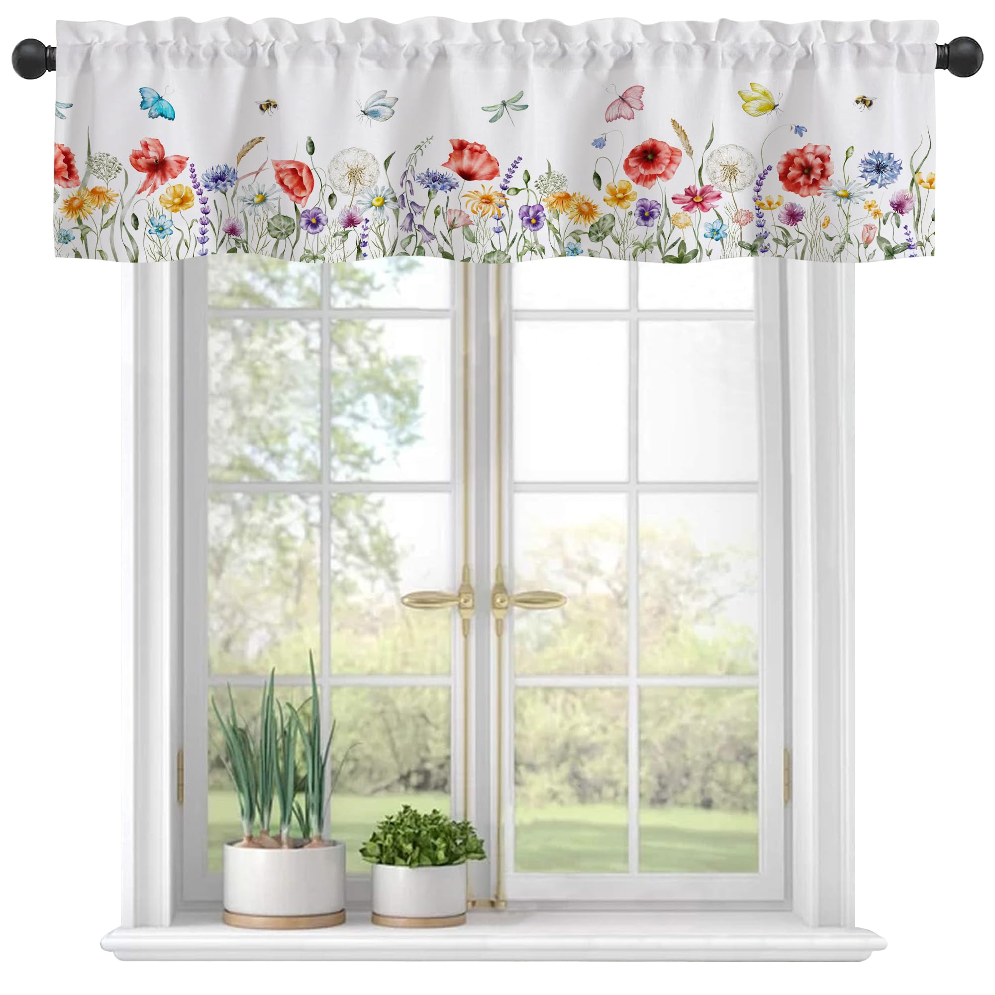 Eflxamz Valance Curtains, Watercolor Wildflowers & Butterfly Insect, Semi-Sheer, 42"x12", Fits Most Rods, Kitchen, Living Room, Bedroom