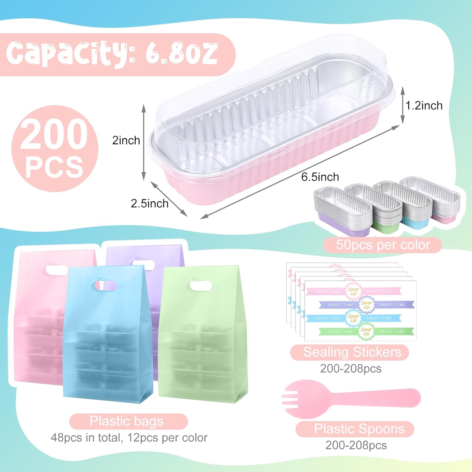 848 Pack Macaron Mini Loaf Pans Set with Lids and Spoons Include 200 Macaron 6.8oz Disposable Aluminum Foil Baking Pans 200 Lids 200 Spoons 200 Sealing Stickers 48 Gift Bags for Dessert Cake