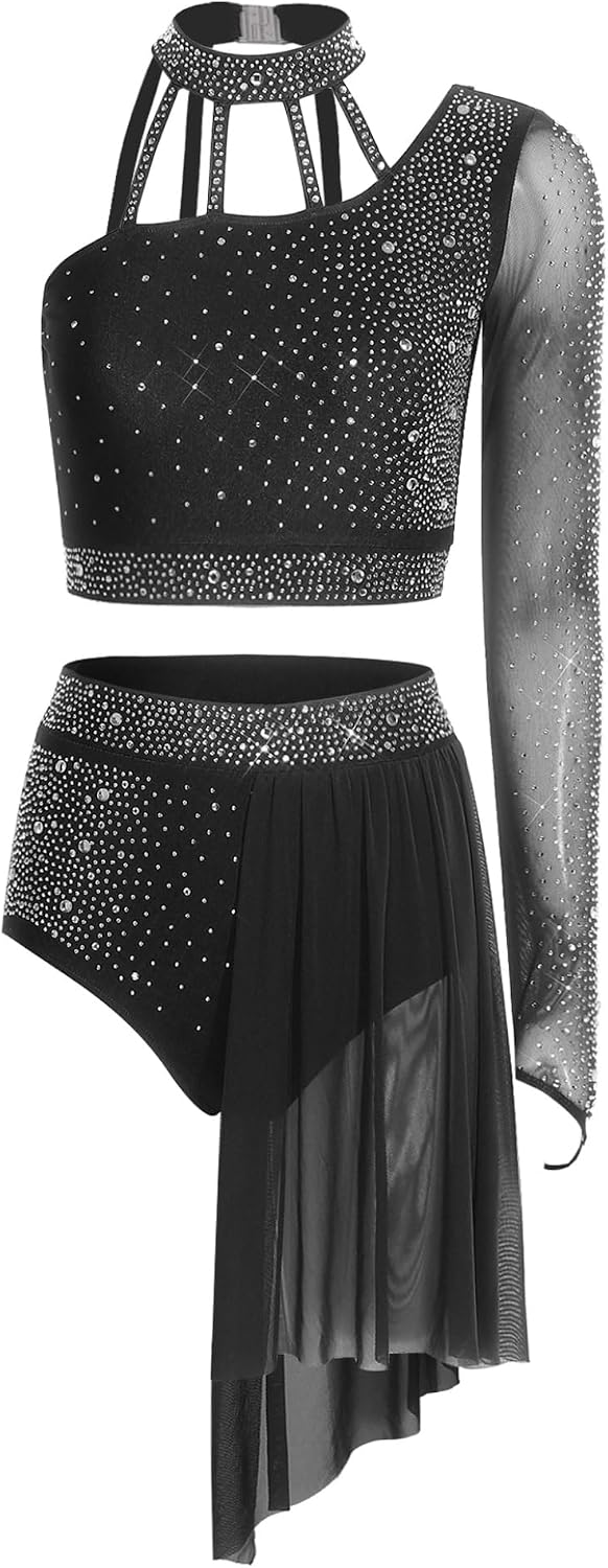 Women's 2 piece Sets Lyrical Dance Costume Halter Crop Top with Shorts | Modern Contemporary Dancewear,Single Long Sleeve Crop Top with Skirted Briefs,Latin dance,Figure Skating Dance Outfits
