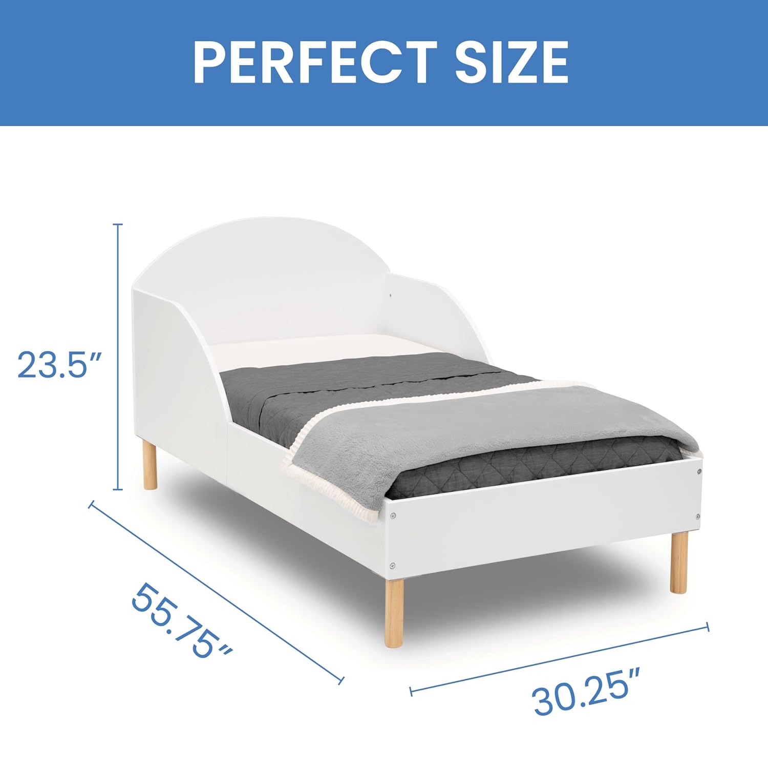 Diagram showing the dimensions of the Delta Children Reese Toddler Bed: 23.5 inches high, 55.75 inches deep, and 30.25 inches wide.