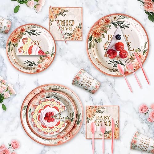 Miniatura 6 de Decoraciones de baby shower para niña, 225 piezas de YHFNDIYS rosa floral niña decoración de baby shower suministros de fiesta (20 invitados) con