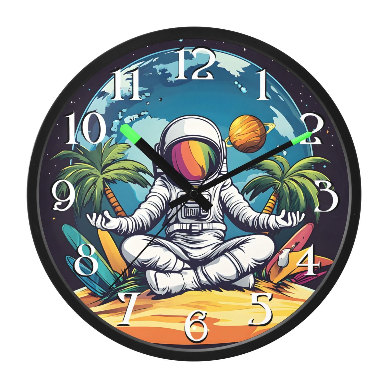 Mnsruu Earth Beach - Reloj de pared luminoso con diseño de astronauta y palmera, funciona con pilas, silencioso, brilla en la oscuridad, para sala de estar, cocina, 12 pulgadas