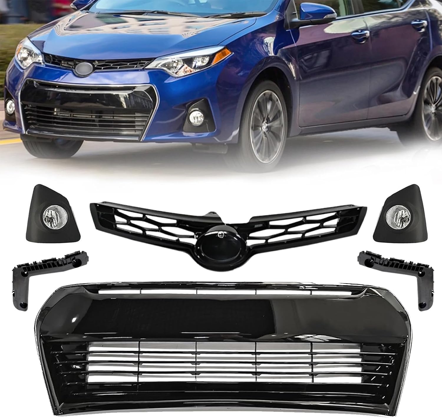 Complete Front Body Bumper 9pcs Kit Replacement For 2014 2015 2016 Toyota Corolla S Front Bumper Upper Lower Grille Assy + Fog Lights Kit + Support Brackets Kit